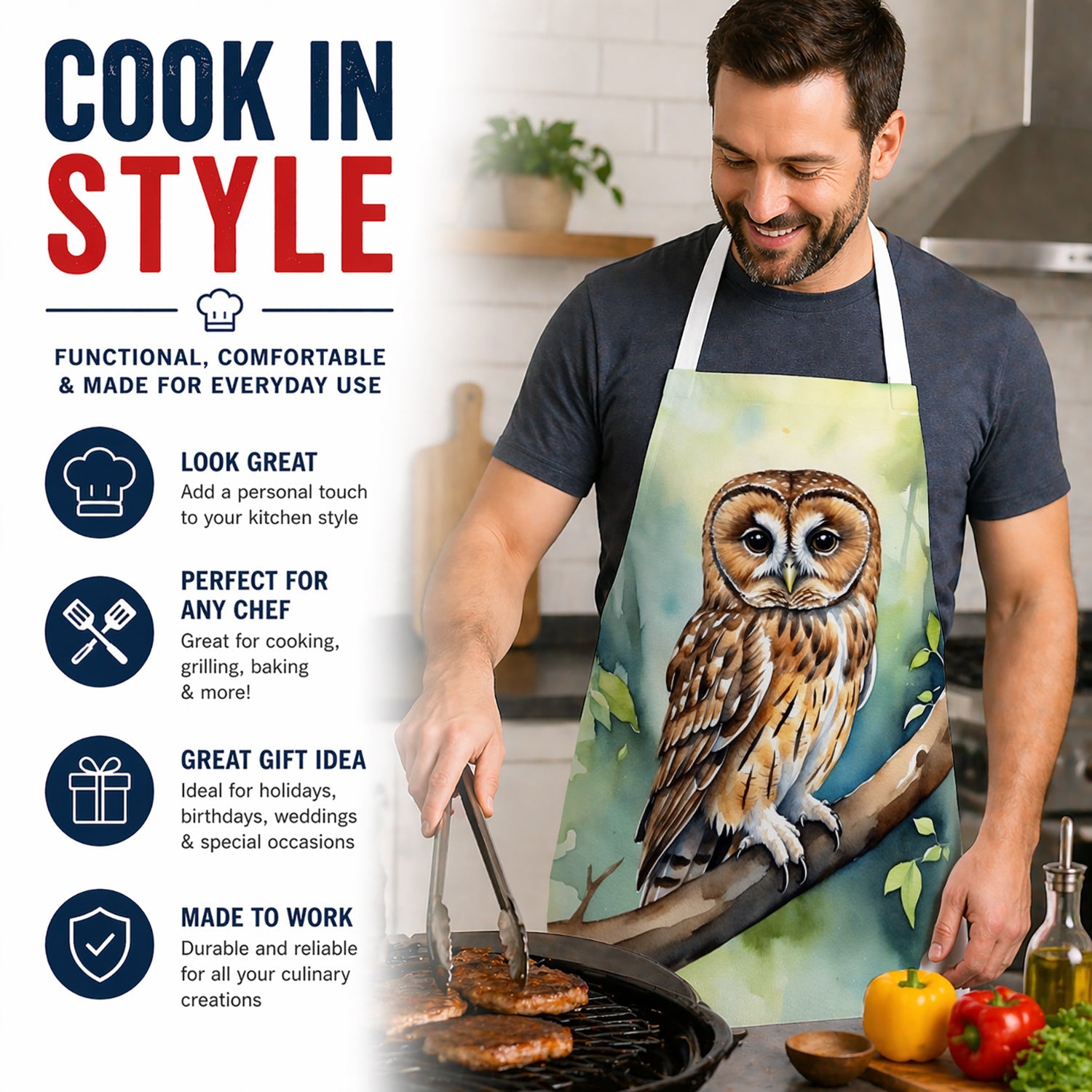Tawny Owl Apron Cooking Kitchen Server Baking Crafts Gardening for Adult Women Men, Unisex, Large, Multicolor