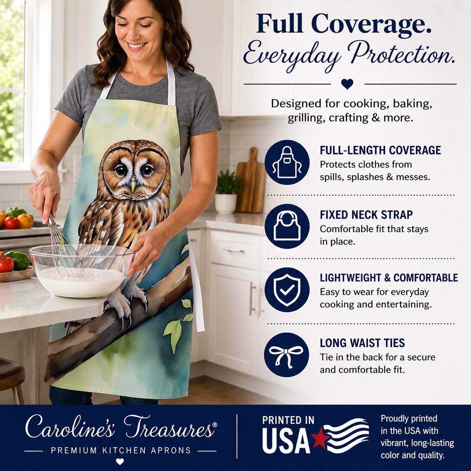 Tawny Owl Apron Cooking Kitchen Server Baking Crafts Gardening for Adult Women Men, Unisex, Large, Multicolor