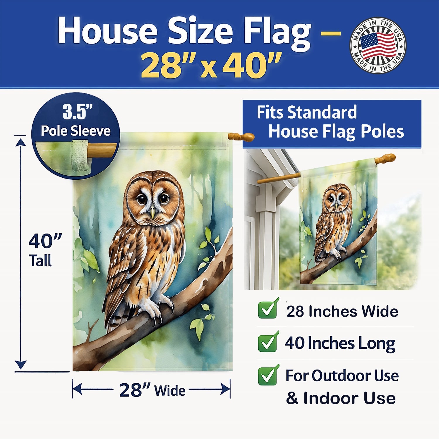 Tawny Owl House Flag 28x40 Porch Sleeve Pole Decorative Outside Yard Banner Artwork Wall Hanging, Polyester