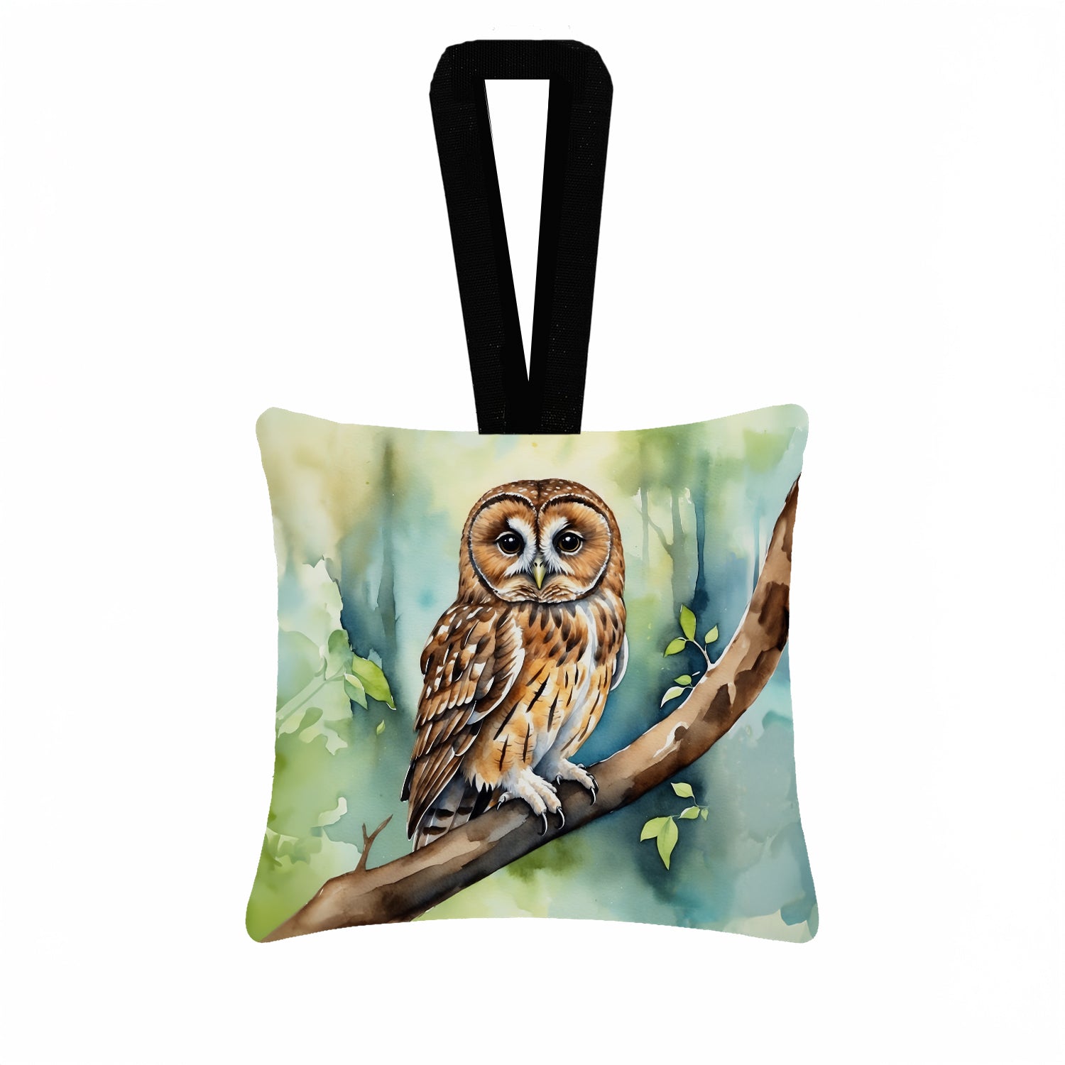 Tawny Owl Hanging Square Fabric Ornament 3.5 × 3.5 Decorative Door-Knob & Tree Hanger, Soft Fabric