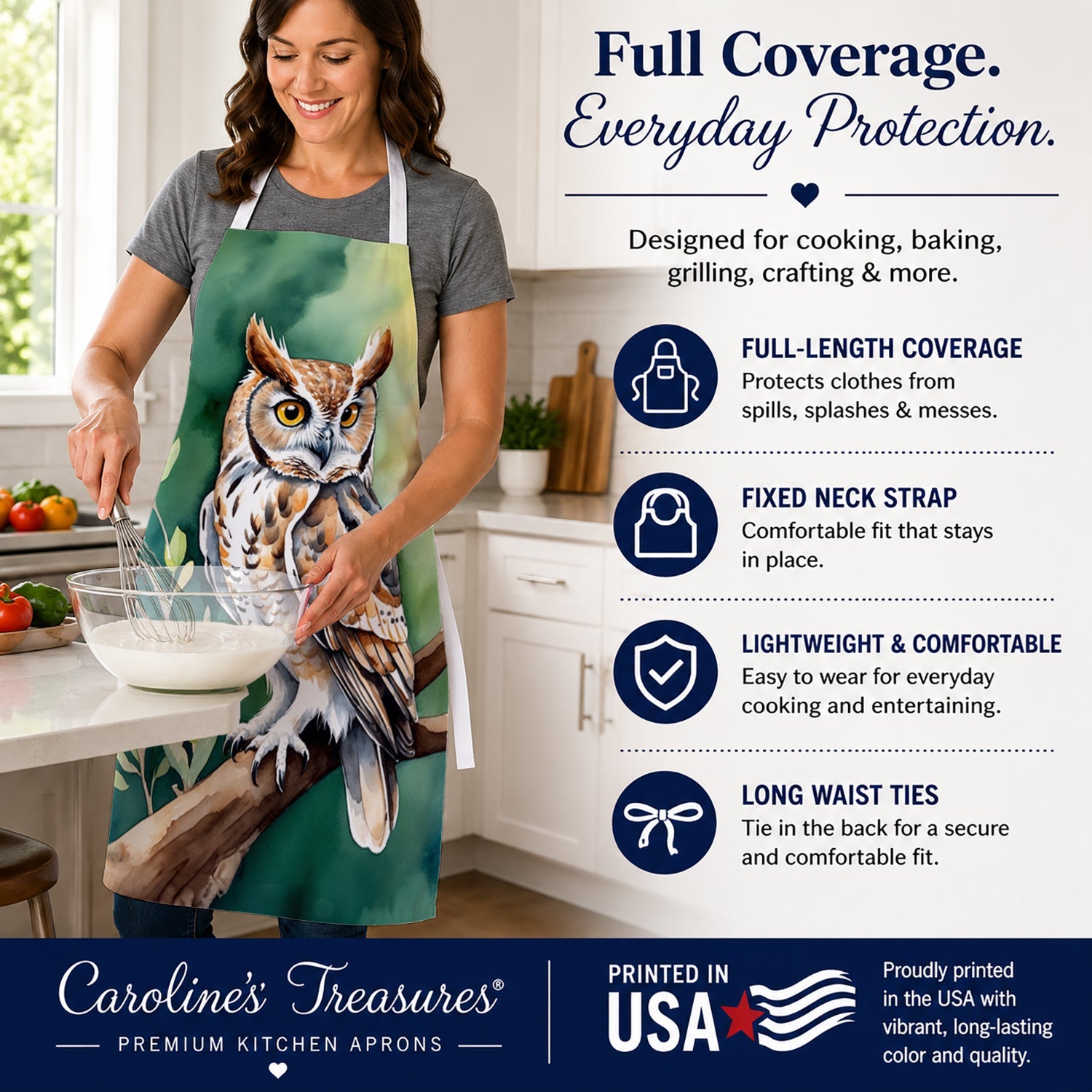Western Screech Owl Apron Cooking Kitchen Server Baking Crafts Gardening for Adult Women Men, Unisex, Large, Multicolor