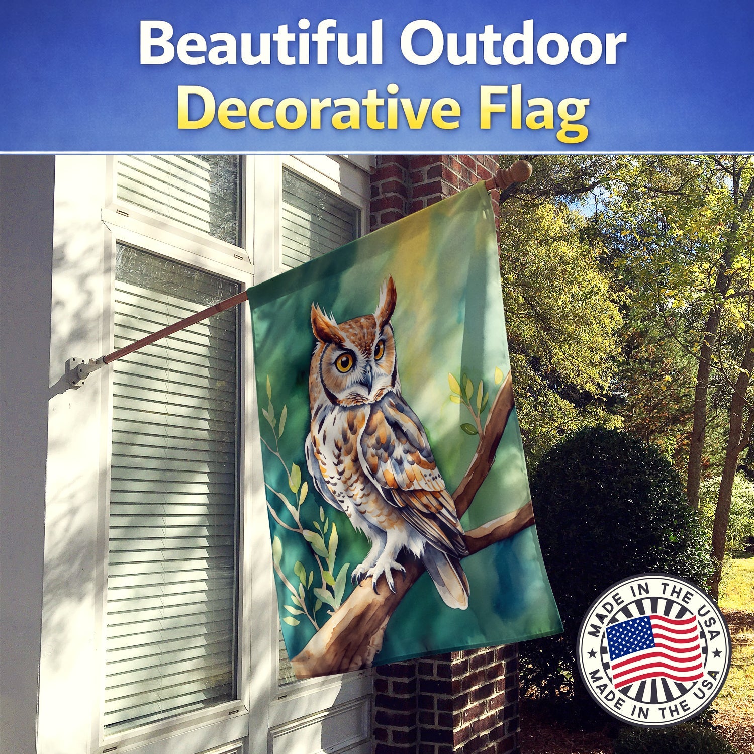 Western Screech Owl House Flag 28x40 Porch Sleeve Pole Decorative Outside Yard Banner Artwork Wall Hanging, Polyester