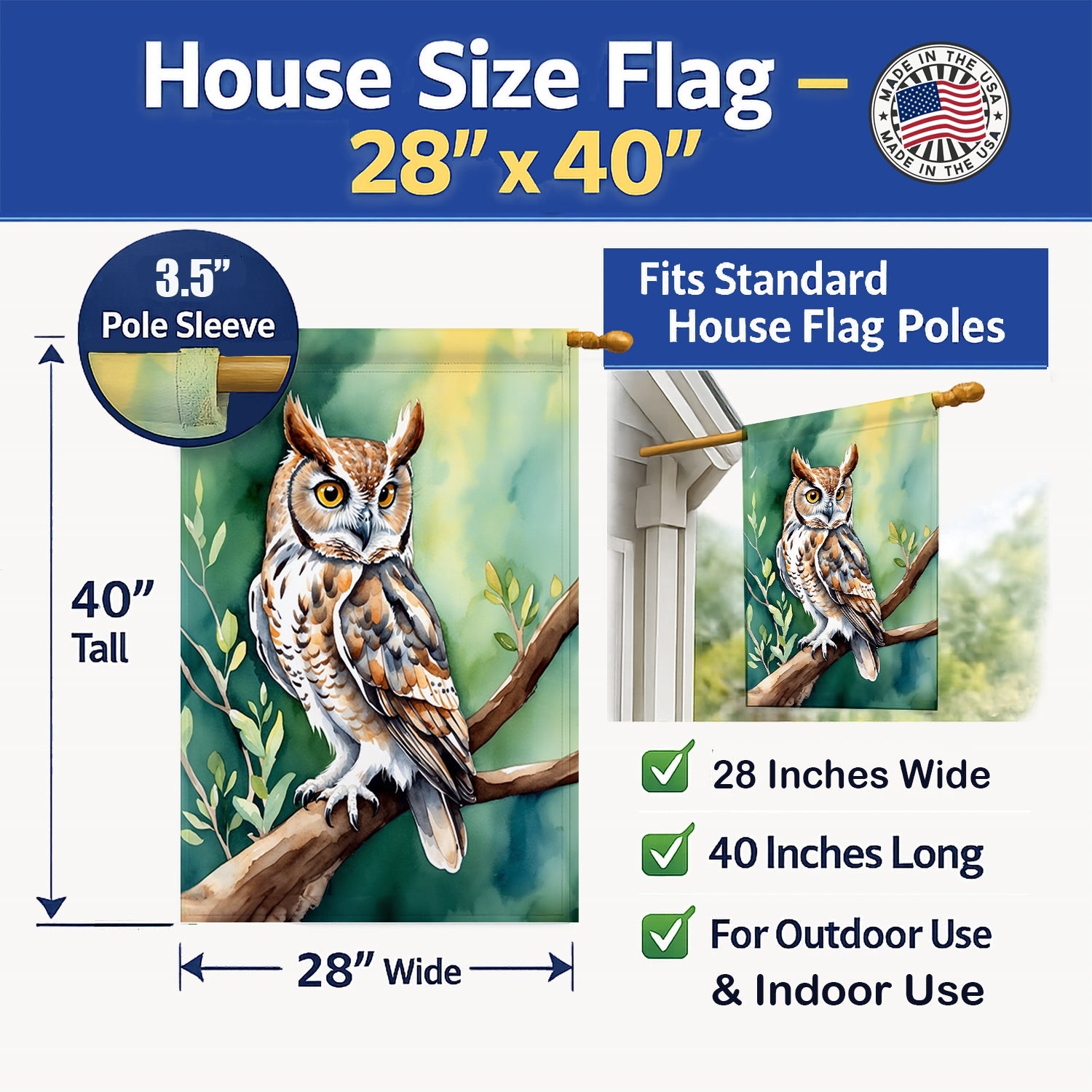 Western Screech Owl House Flag 28x40 Porch Sleeve Pole Decorative Outside Yard Banner Artwork Wall Hanging, Polyester