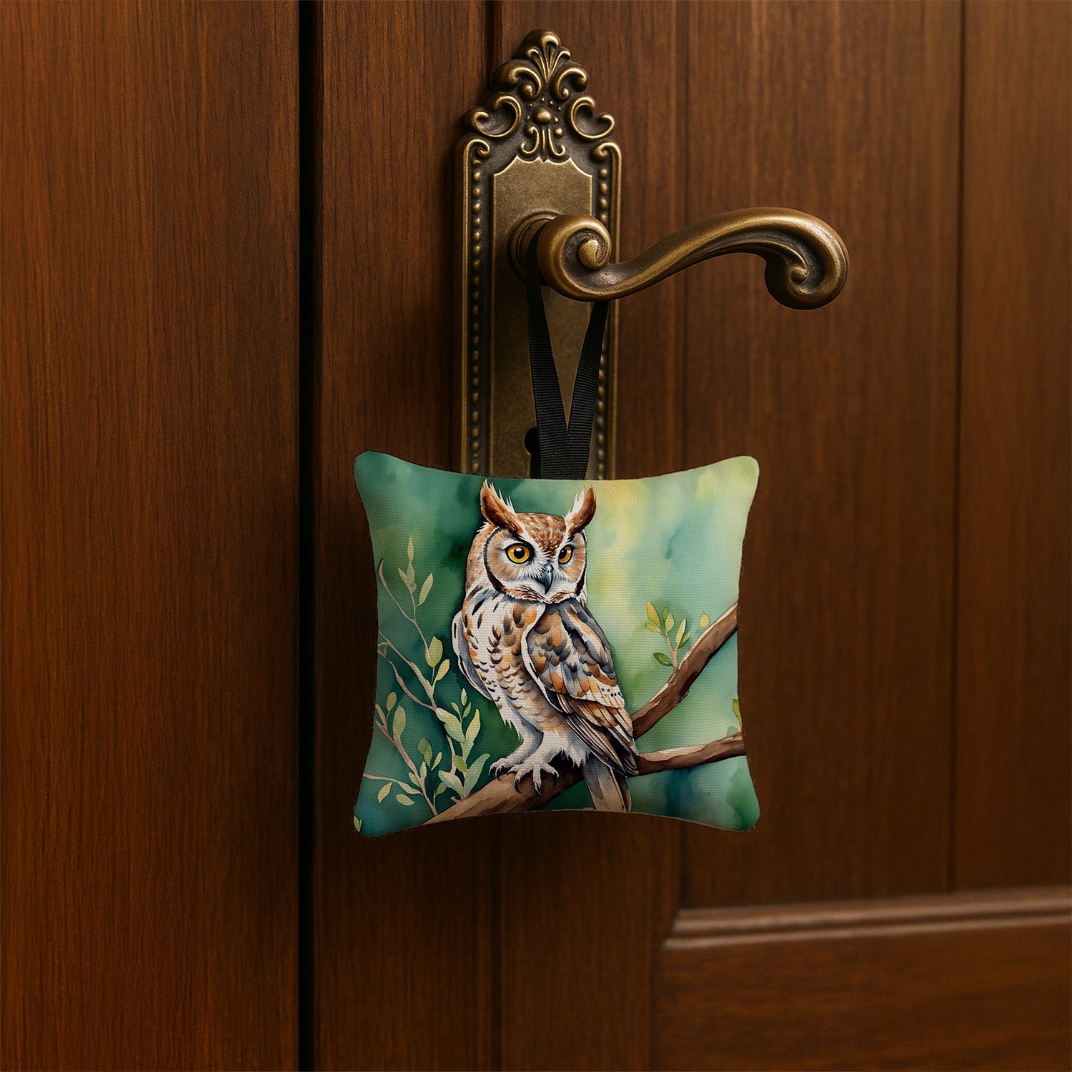 Western Screech Owl Hanging Square Fabric Ornament 3.5 × 3.5 Decorative Door-Knob & Tree Hanger, Soft Fabric