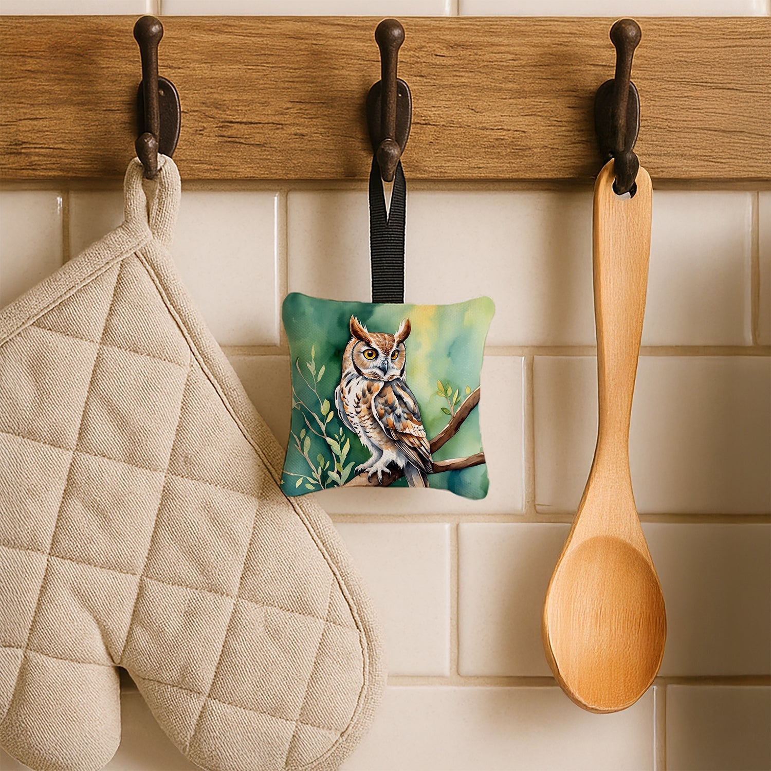Western Screech Owl Hanging Square Fabric Ornament 3.5 × 3.5 Decorative Door-Knob & Tree Hanger, Soft Fabric