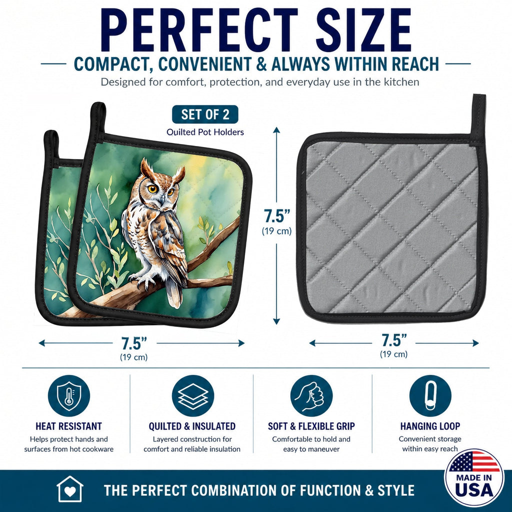 Western Screech Owl Pot Holder Set of 2 Heat Resistant Quilted Hot Pads 7.5 x 7.5 Inch, Insulated Kitchen Trivets for Cooking & Baking