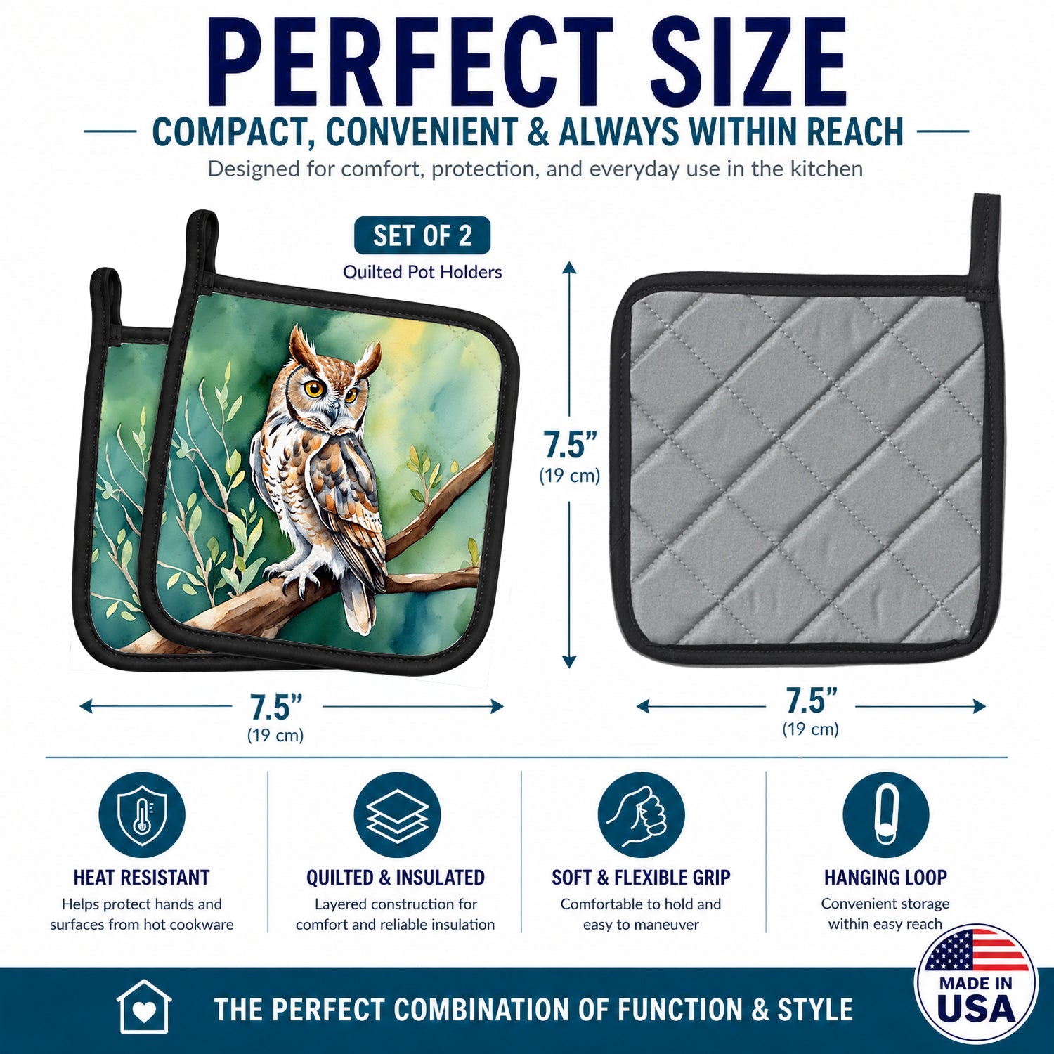 Western Screech Owl Pot Holder Set of 2 Heat Resistant Quilted Hot Pads 7.5 x 7.5 Inch, Insulated Kitchen Trivets for Cooking & Baking