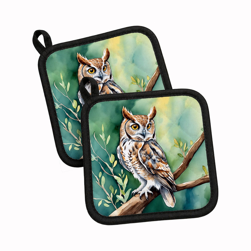 Western Screech Owl Pot Holder Set of 2 Heat Resistant Quilted Hot Pads 7.5 x 7.5 Inch, Insulated Kitchen Trivets for Cooking & Baking
