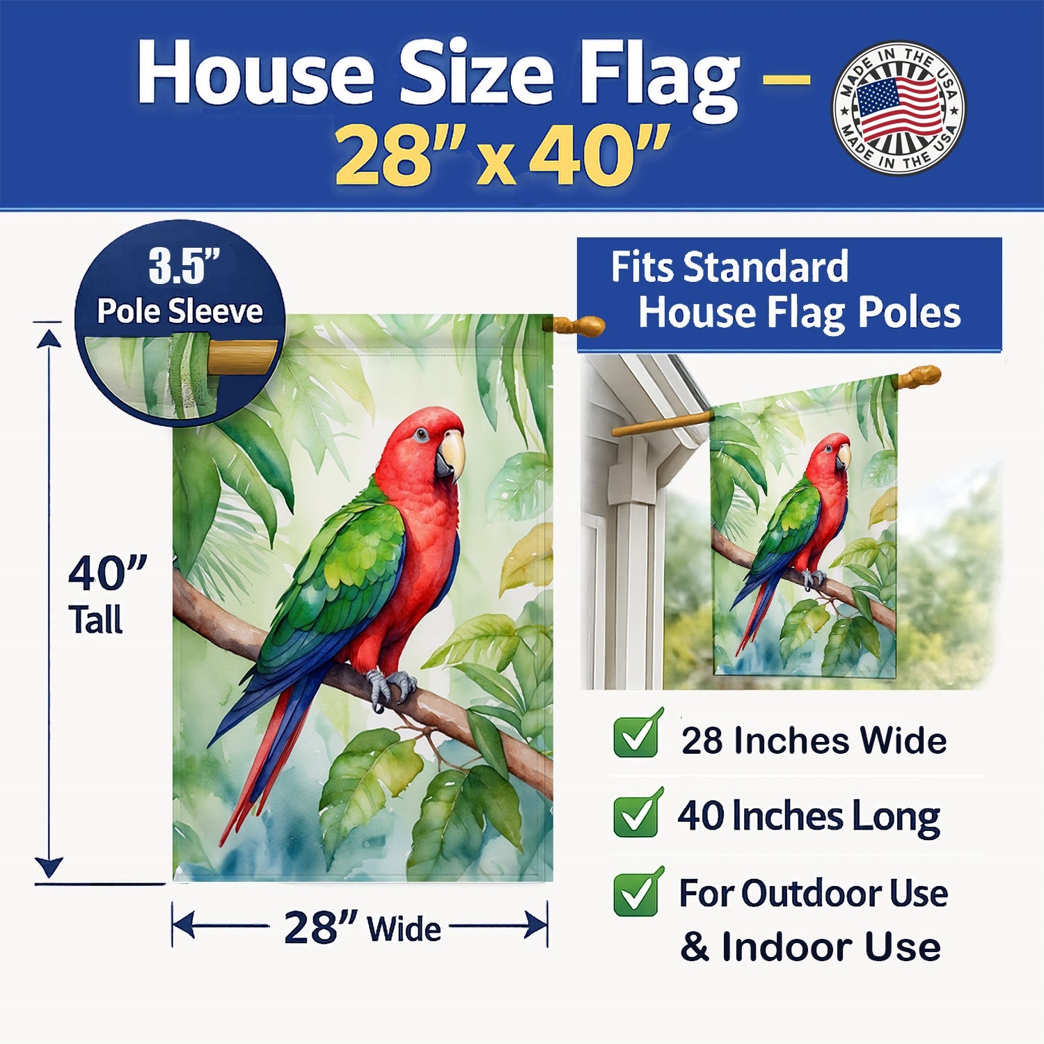 Eclectus Parrot House Flag 28x40 Porch Sleeve Pole Decorative Outside Yard Banner Artwork Wall Hanging, Polyester