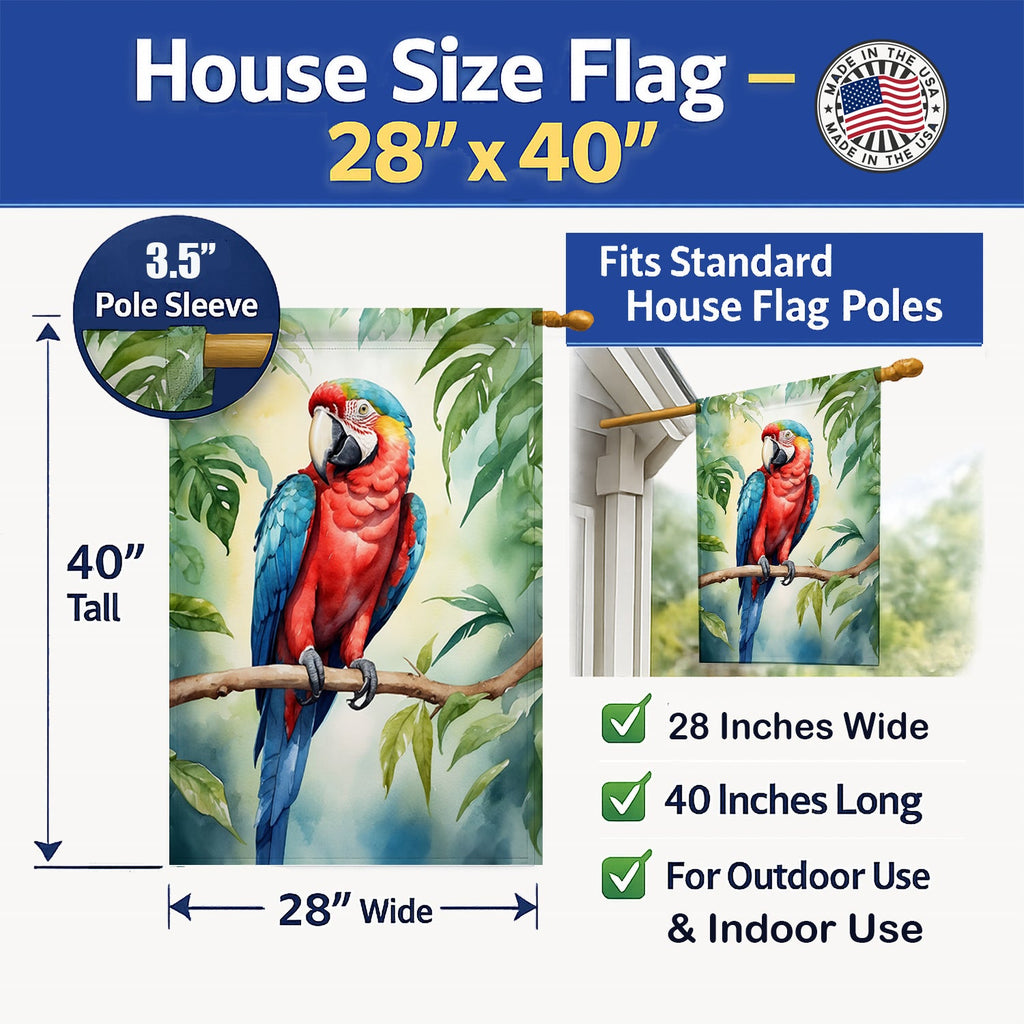 Macaw Parrot House Flag 28x40 Porch Sleeve Pole Decorative Outside Yard Banner Artwork Wall Hanging, Polyester