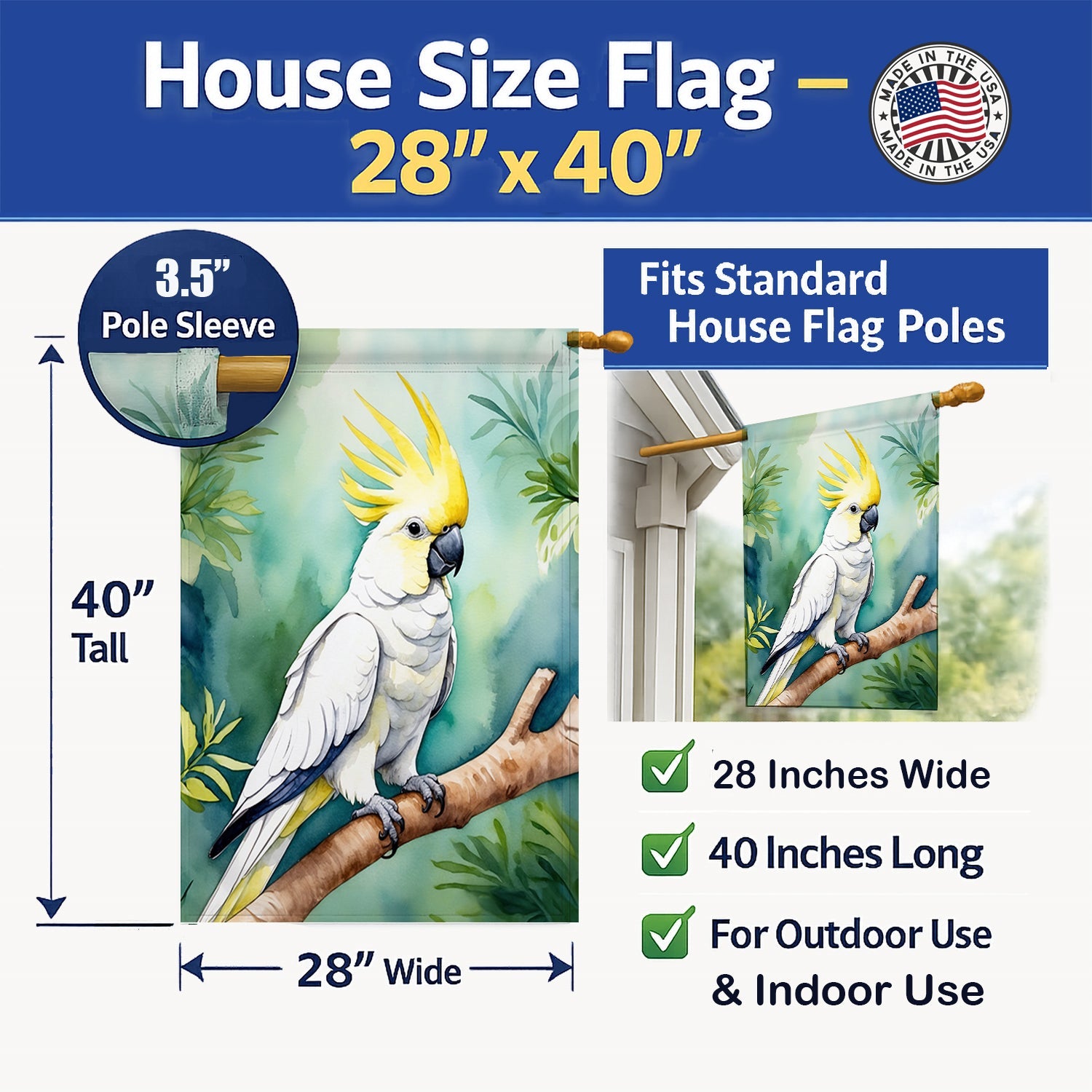 Sulphurcrested Cockatoo House Flag 28x40 Porch Sleeve Pole Decorative Outside Yard Banner Artwork Wall Hanging, Polyester