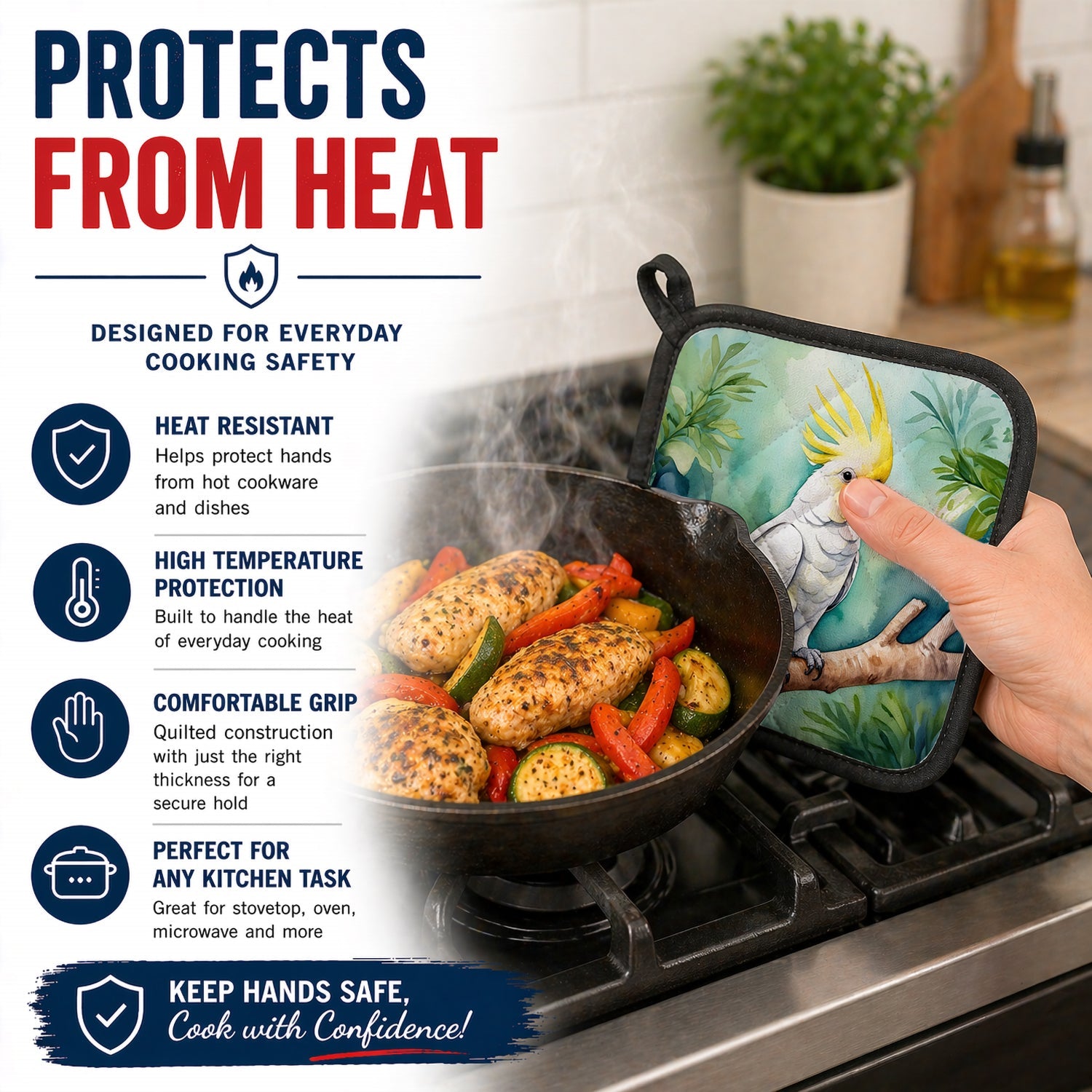 Sulphurcrested Cockatoo Pot Holder Set of 2 Heat Resistant Quilted Hot Pads 7.5 x 7.5 Inch, Insulated Kitchen Trivets for Cooking & Baking