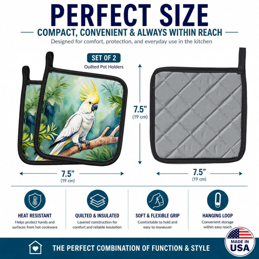 Sulphurcrested Cockatoo Pot Holder Set of 2 Heat Resistant Quilted Hot Pads 7.5 x 7.5 Inch, Insulated Kitchen Trivets for Cooking & Baking