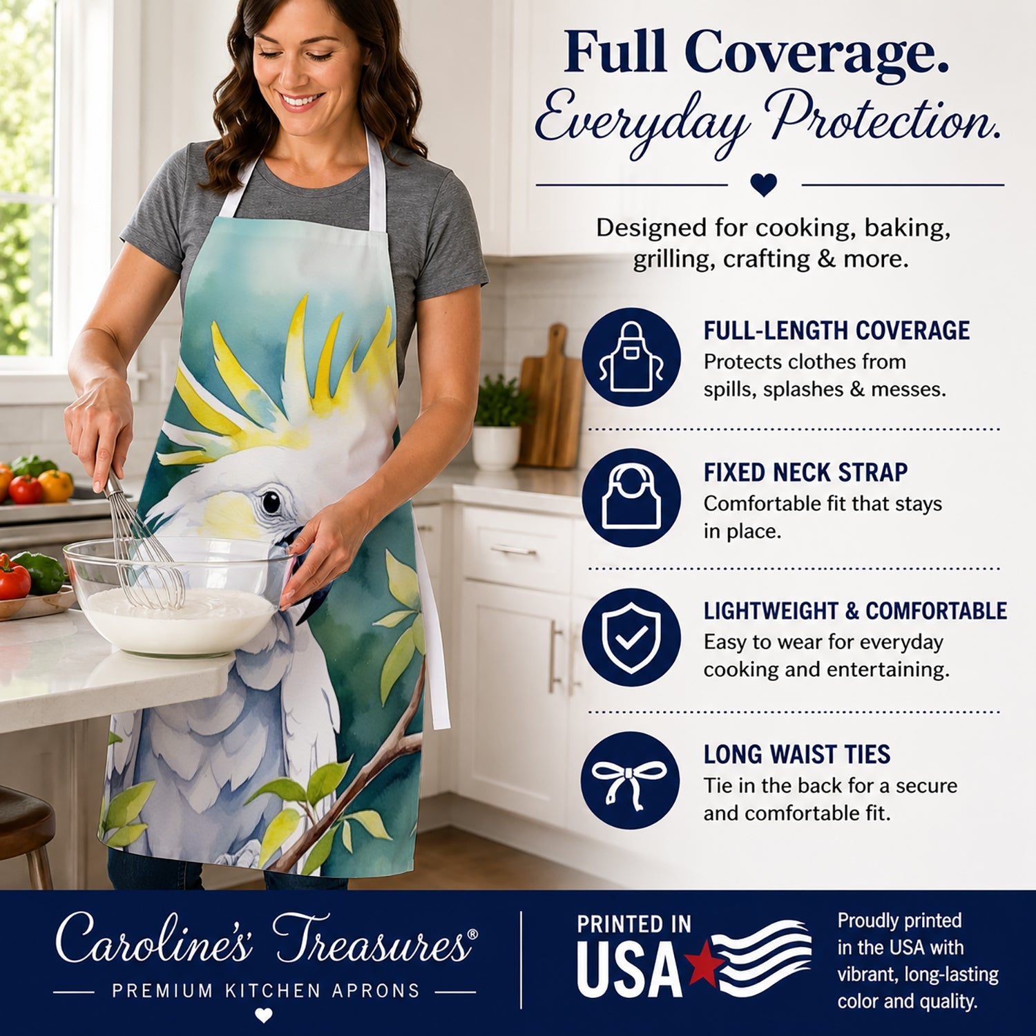 Sulphurcrested Cockatoo Apron Cooking Kitchen Server Baking Crafts Gardening for Adult Women Men, Unisex, Large, Multicolor