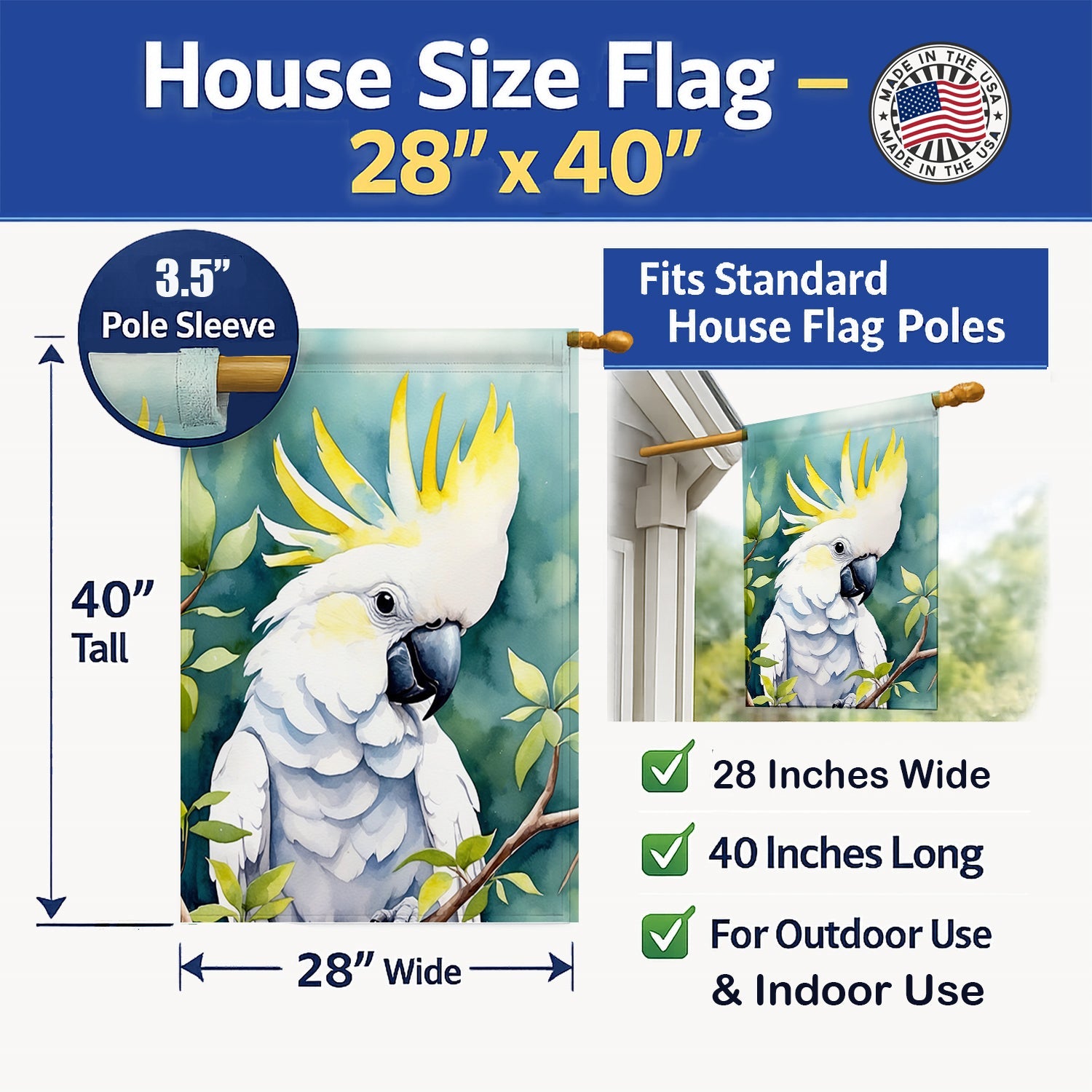 Sulphurcrested Cockatoo House Flag 28x40 Porch Sleeve Pole Decorative Outside Yard Banner Artwork Wall Hanging, Polyester