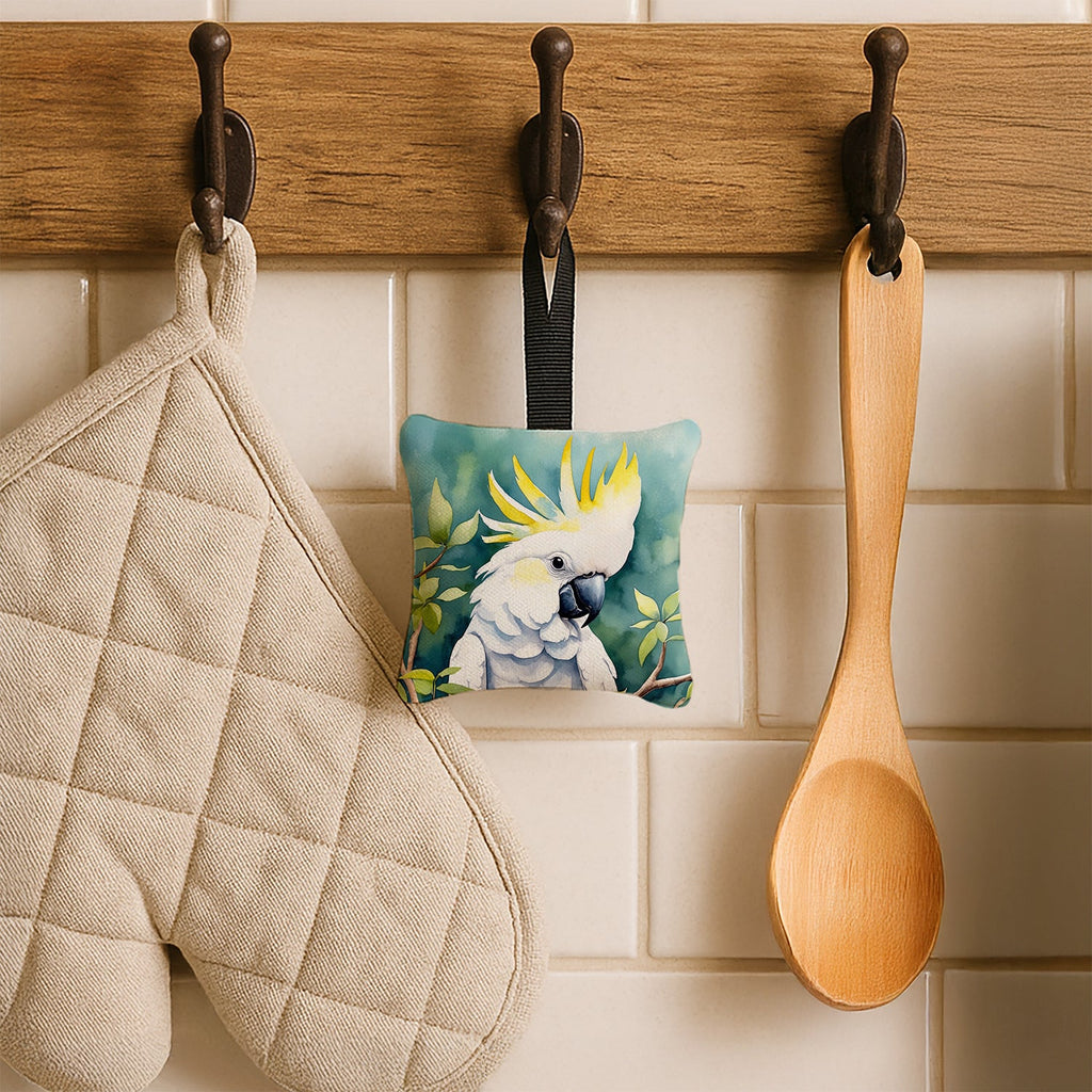 Sulphurcrested Cockatoo Hanging Square Fabric Ornament 3.5 × 3.5 Decorative Door-Knob & Tree Hanger, Soft Fabric