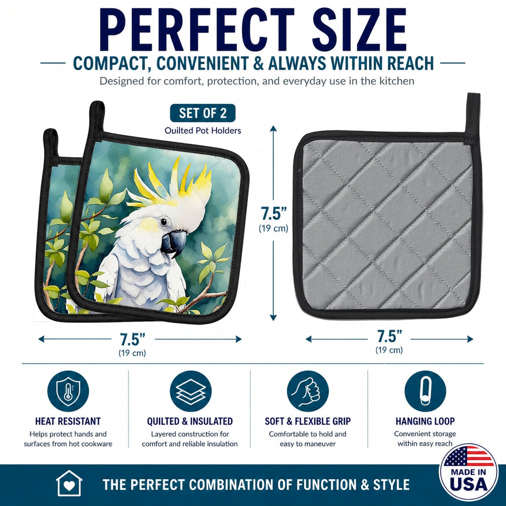 Sulphurcrested Cockatoo Pot Holder Set of 2 Heat Resistant Quilted Hot Pads 7.5 x 7.5 Inch, Insulated Kitchen Trivets for Cooking & Baking