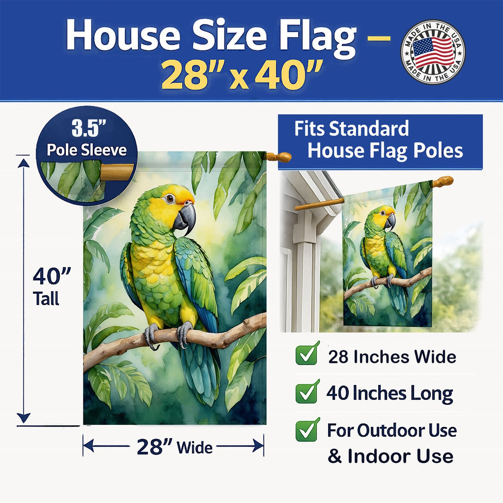 Yellownaped Amazon Parrot House Flag 28x40 Porch Sleeve Pole Decorative Outside Yard Banner Artwork Wall Hanging, Polyester