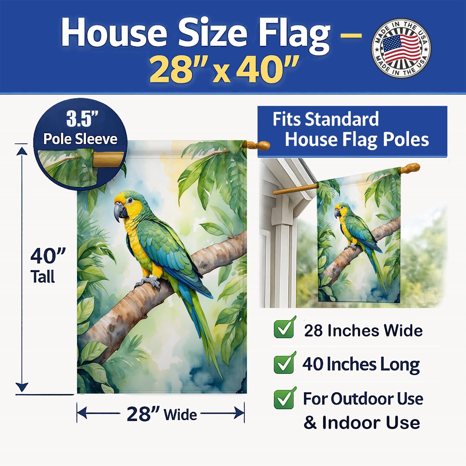 Yellownaped Amazon Parrot House Flag 28x40 Porch Sleeve Pole Decorative Outside Yard Banner Artwork Wall Hanging, Polyester