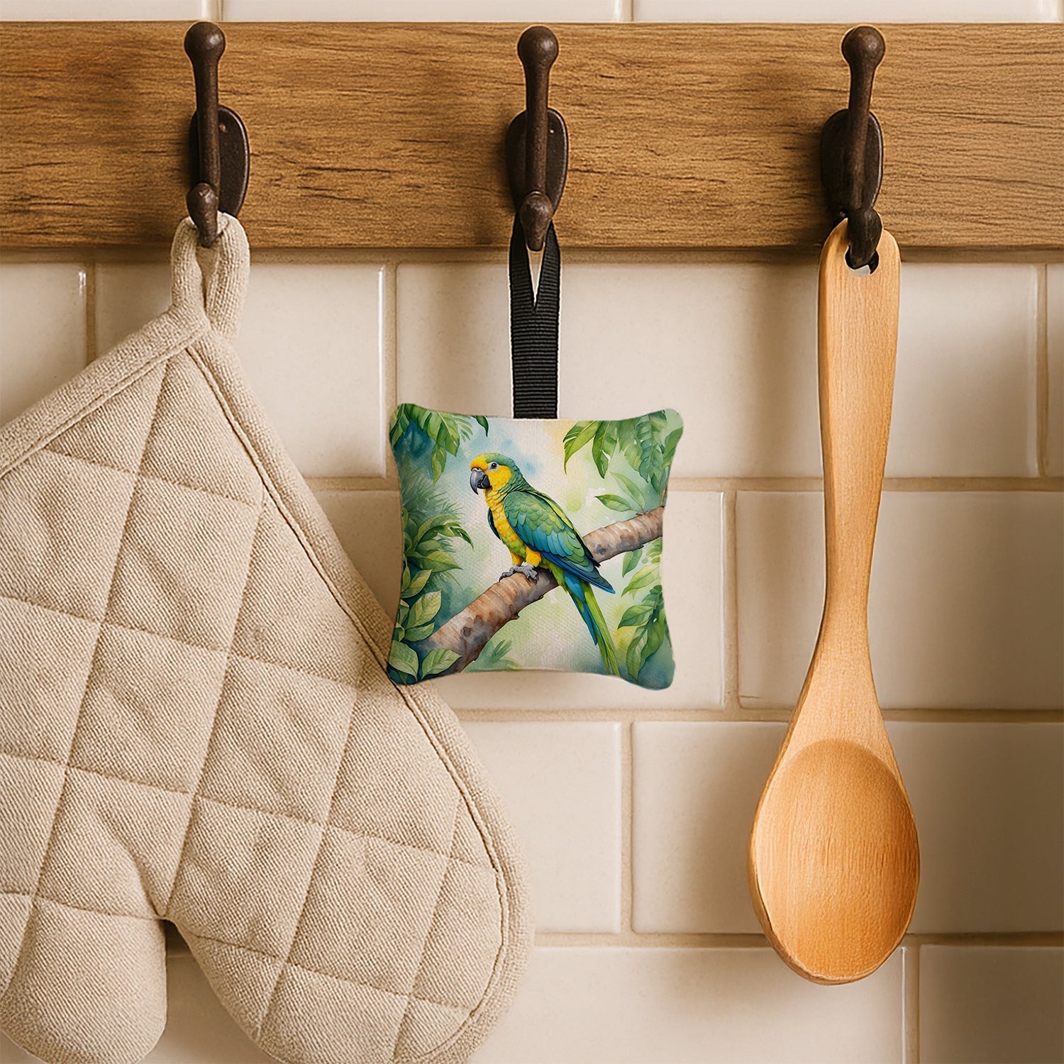 Yellownaped Amazon Parrot Hanging Square Fabric Ornament 3.5 × 3.5 Decorative Door-Knob & Tree Hanger, Soft Fabric