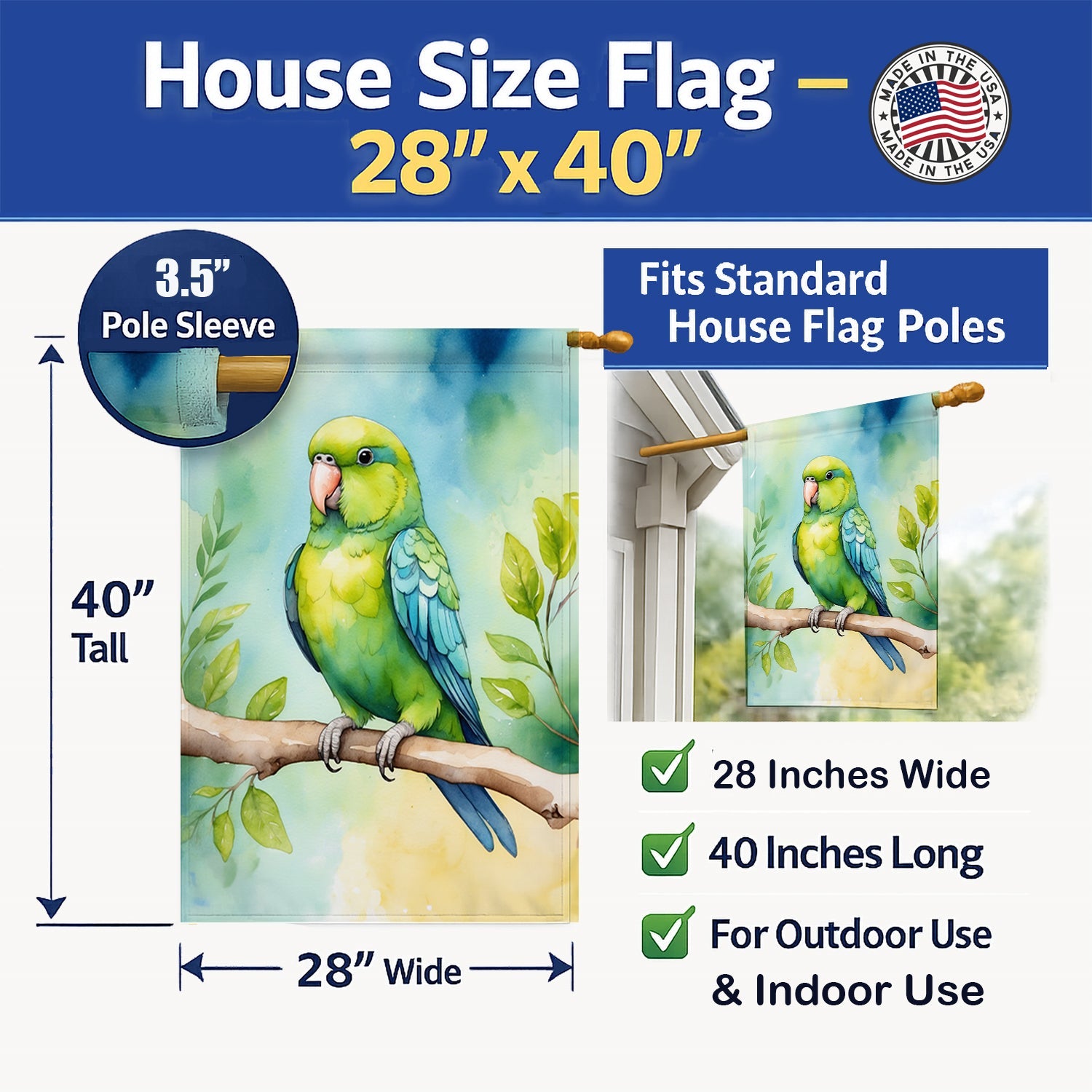 Parrotlet House Flag 28x40 Porch Sleeve Pole Decorative Outside Yard Banner Artwork Wall Hanging, Polyester