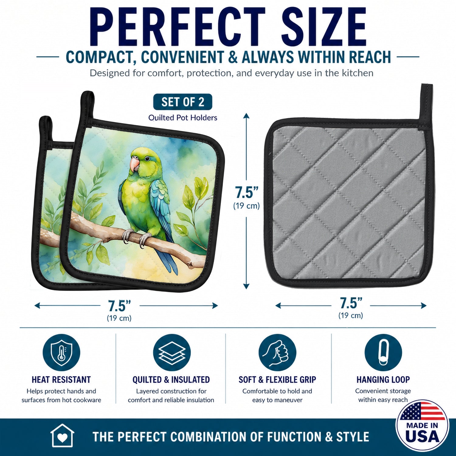 Parrotlet Pot Holder Set of 2 Heat Resistant Quilted Hot Pads 7.5 x 7.5 Inch, Insulated Kitchen Trivets for Cooking & Baking