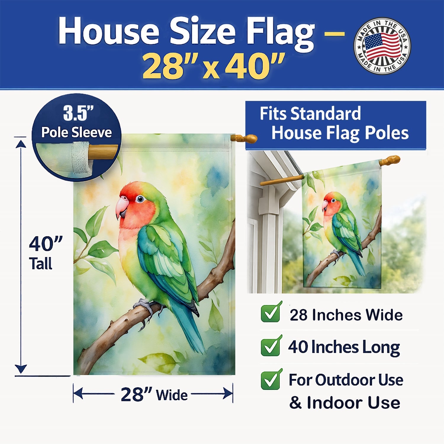 Peachfaced Lovebird House Flag 28x40 Porch Sleeve Pole Decorative Outside Yard Banner Artwork Wall Hanging, Polyester
