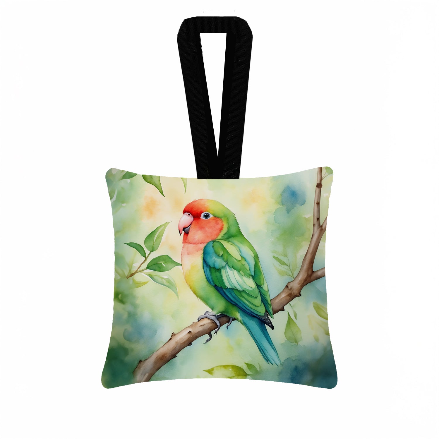 Peachfaced Lovebird Hanging Square Fabric Ornament 3.5 × 3.5 Decorative Door-Knob & Tree Hanger, Soft Fabric
