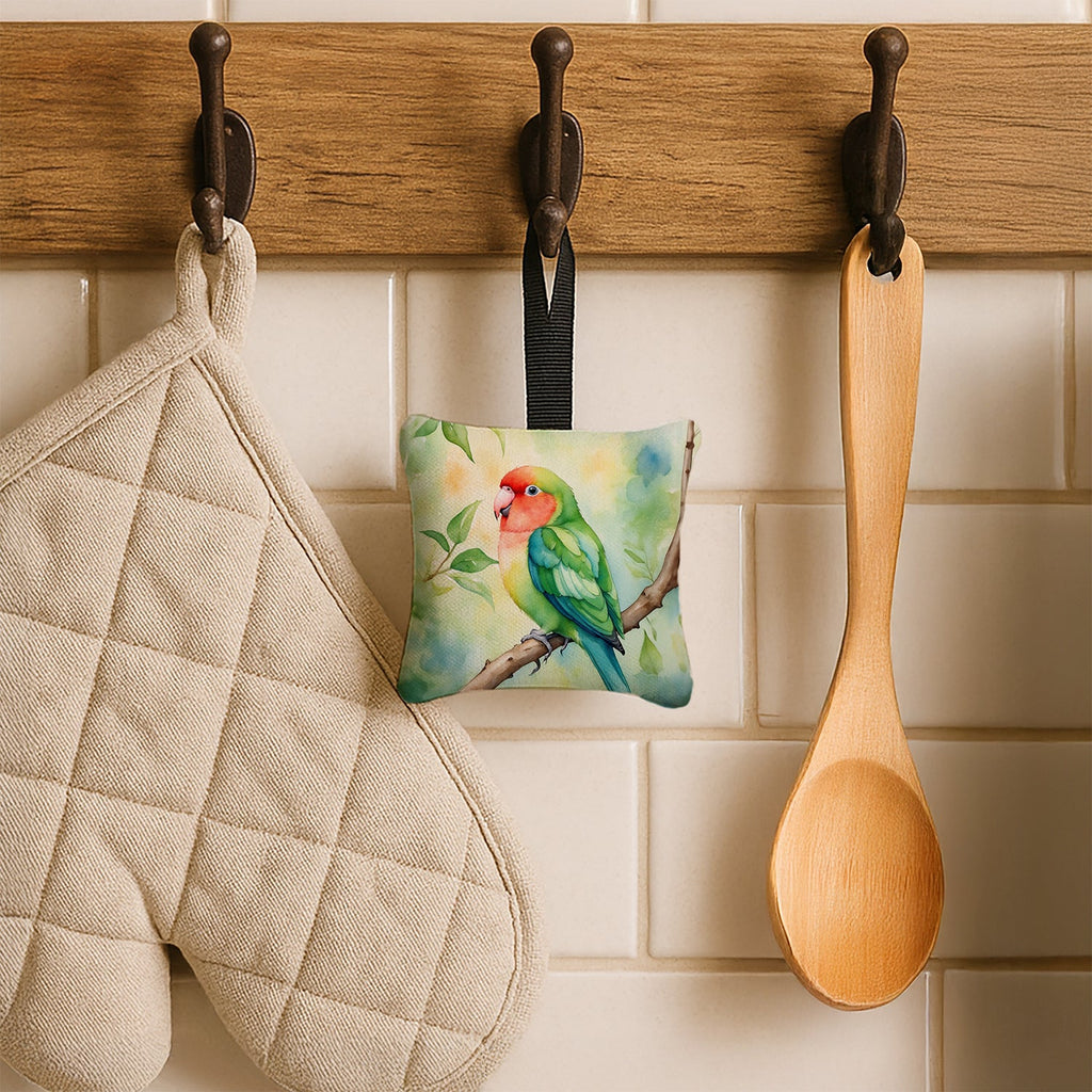 Peachfaced Lovebird Hanging Square Fabric Ornament 3.5 × 3.5 Decorative Door-Knob & Tree Hanger, Soft Fabric