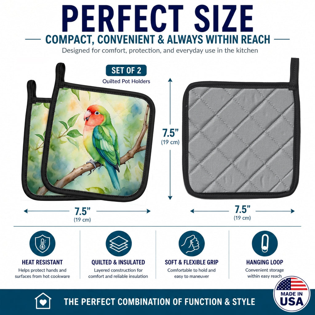 Peachfaced Lovebird Pot Holder Set of 2 Heat Resistant Quilted Hot Pads 7.5 x 7.5 Inch, Insulated Kitchen Trivets for Cooking & Baking