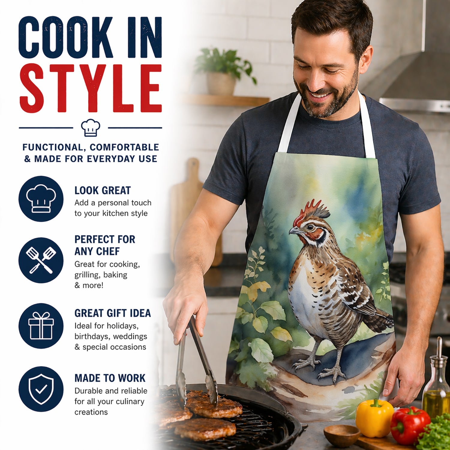 Pennsylvania Ruffed Grouse Apron Cooking Kitchen Server Baking Crafts Gardening for Adult Women Men, Unisex, Large, Multicolor