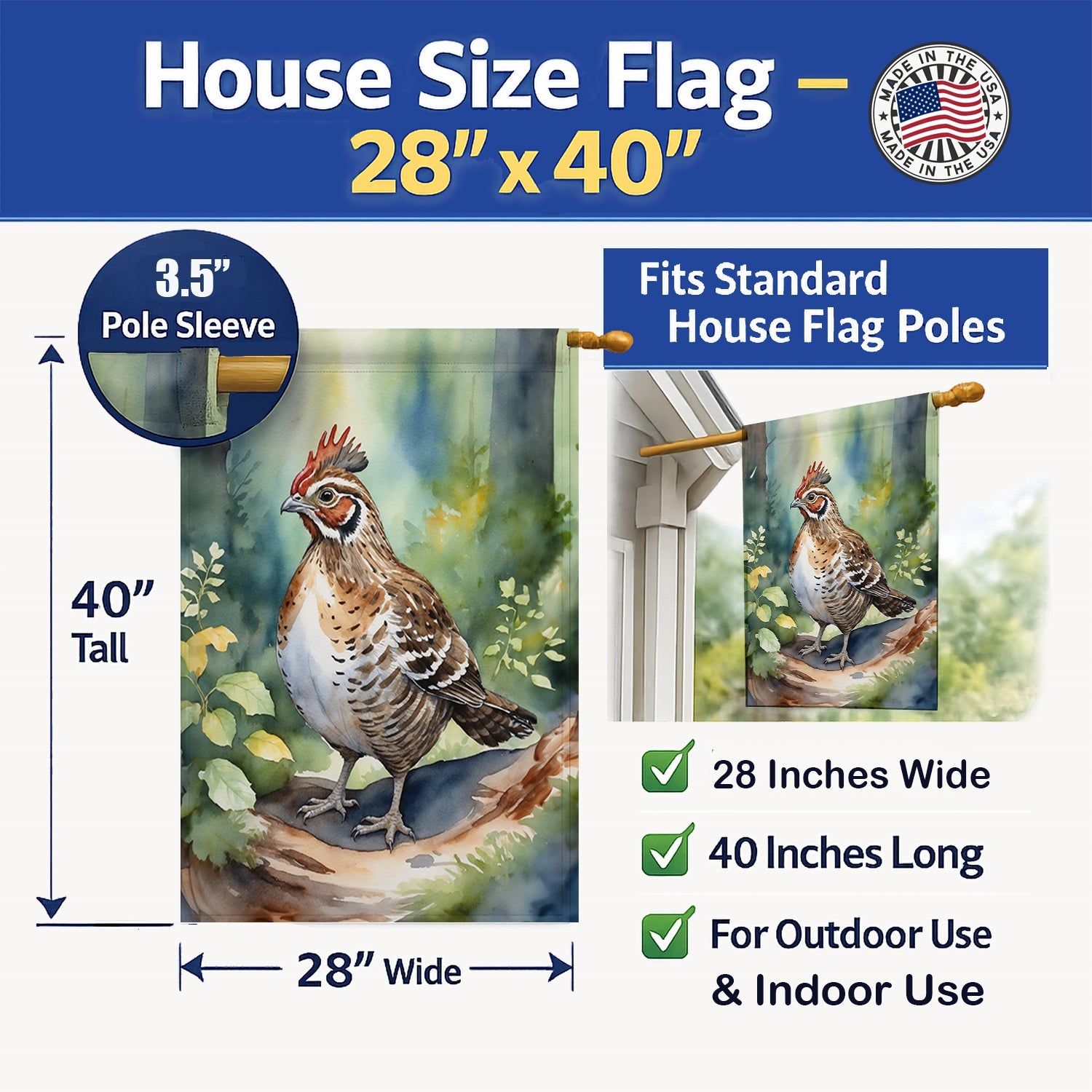 Pennsylvania Ruffed Grouse House Flag 28x40 Porch Sleeve Pole Decorative Outside Yard Banner Artwork Wall Hanging, Polyester