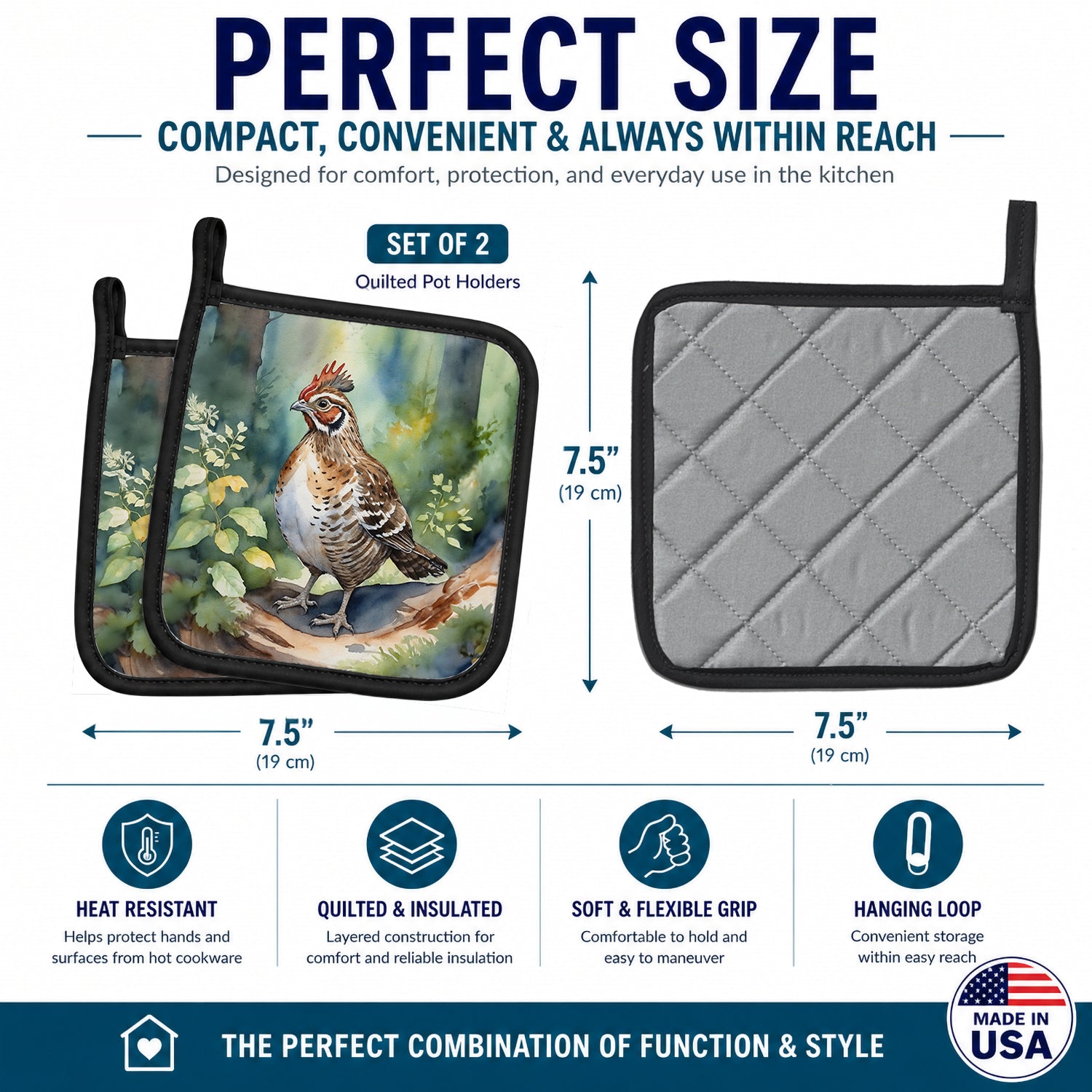 Pennsylvania Ruffed Grouse Pot Holder Set of 2 Heat Resistant Quilted Hot Pads 7.5 x 7.5 Inch, Insulated Kitchen Trivets for Cooking & Baking