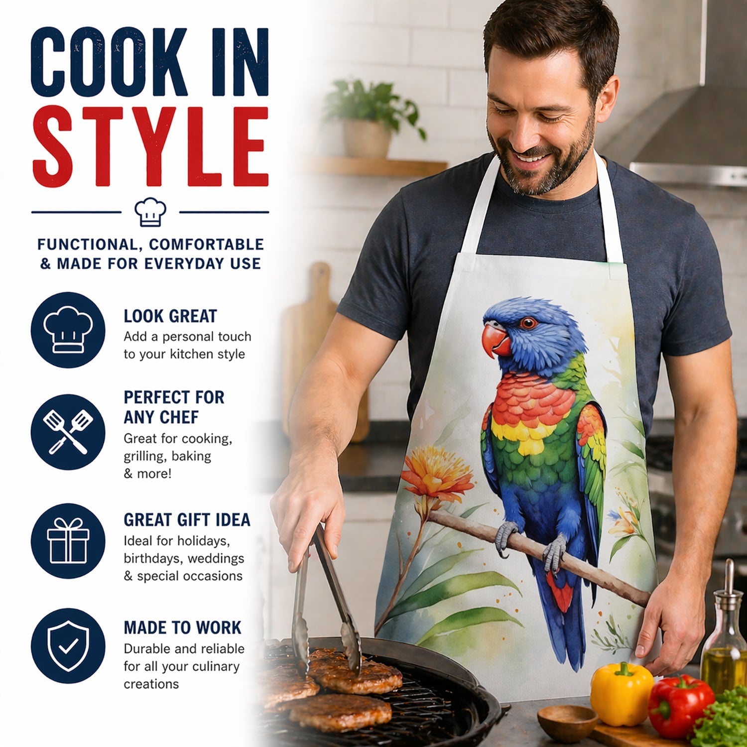 Rainbow Lorikeet Apron Cooking Kitchen Server Baking Crafts Gardening for Adult Women Men, Unisex, Large, Multicolor