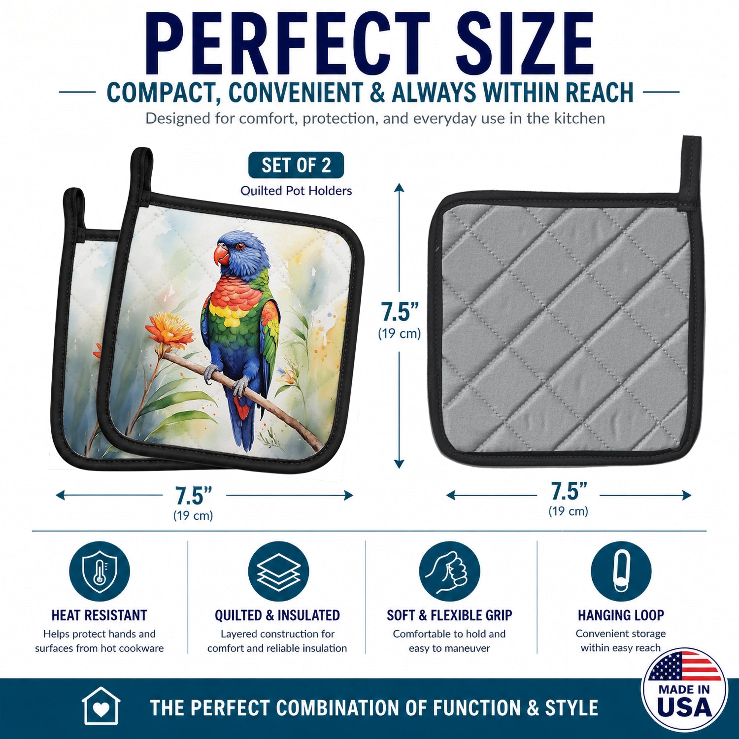 Rainbow Lorikeet Pot Holder Set of 2 Heat Resistant Quilted Hot Pads 7.5 x 7.5 Inch, Insulated Kitchen Trivets for Cooking & Baking