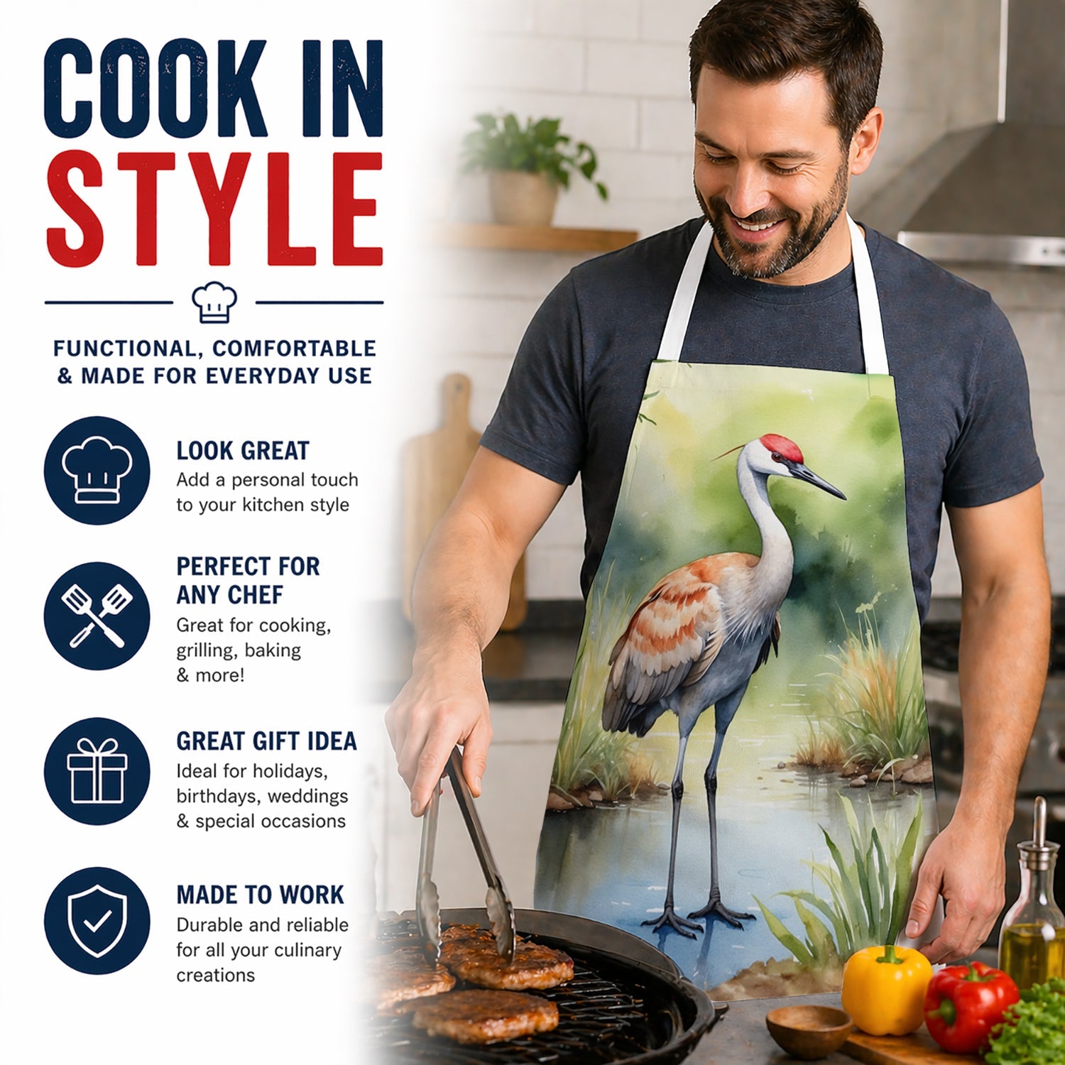 Sandhill Crane Apron Cooking Kitchen Server Baking Crafts Gardening for Adult Women Men, Unisex, Large, Multicolor