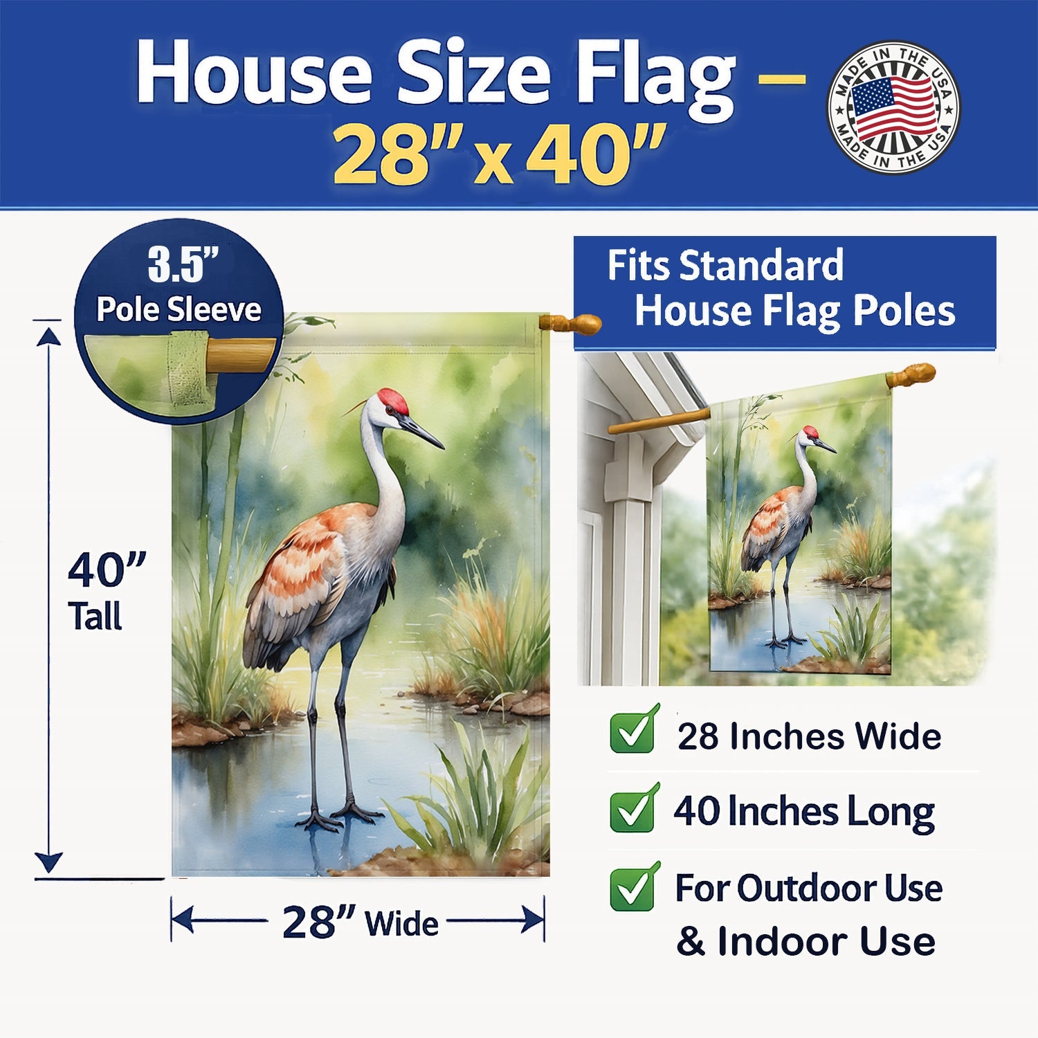 Sandhill Crane House Flag 28x40 Porch Sleeve Pole Decorative Outside Yard Banner Artwork Wall Hanging, Polyester