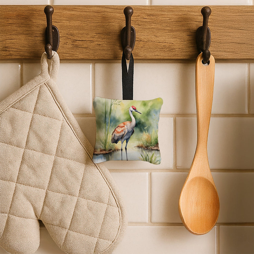 Sandhill Crane Hanging Square Fabric Ornament 3.5 × 3.5 Decorative Door-Knob & Tree Hanger, Soft Fabric