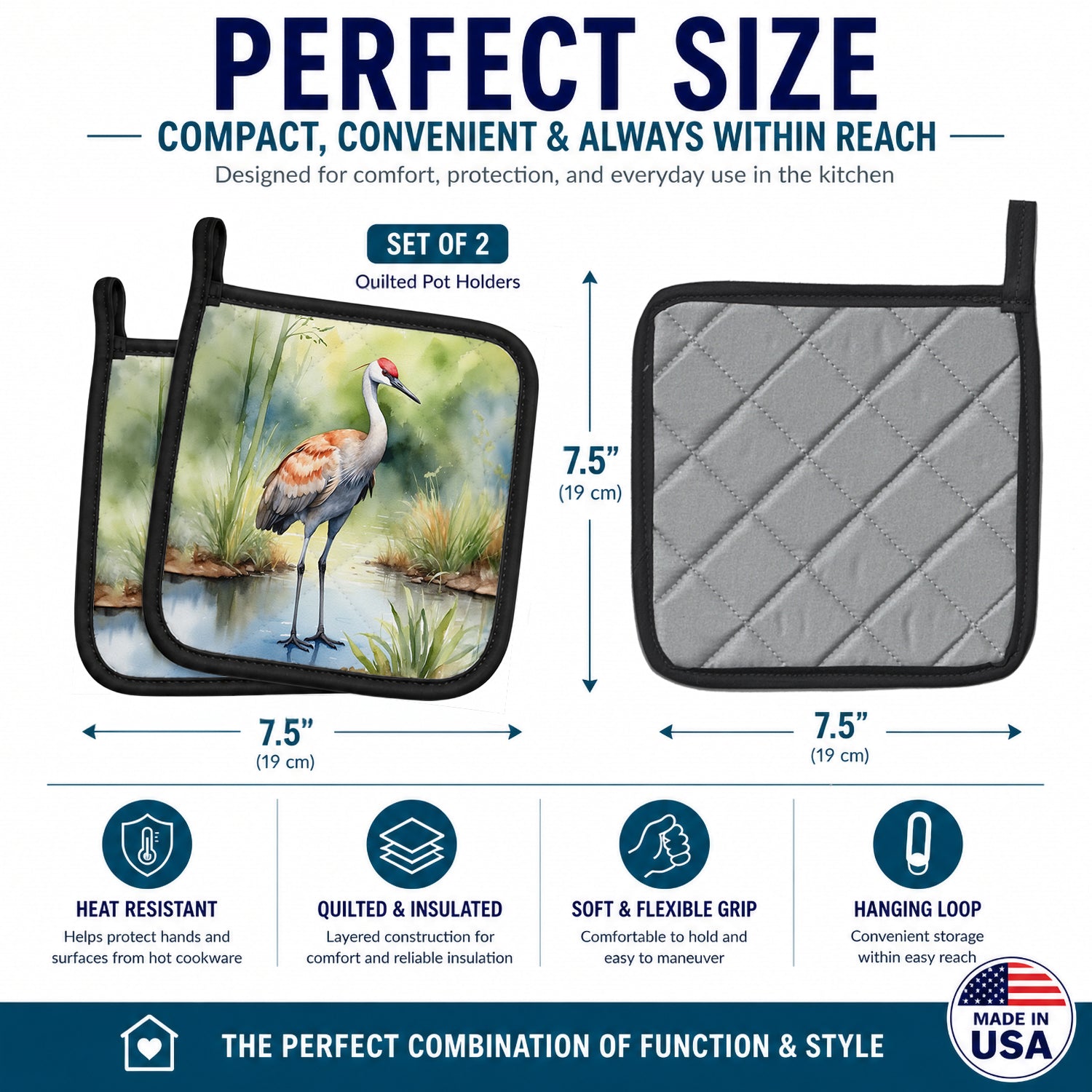 Sandhill Crane Pot Holder Set of 2 Heat Resistant Quilted Hot Pads 7.5 x 7.5 Inch, Insulated Kitchen Trivets for Cooking & Baking