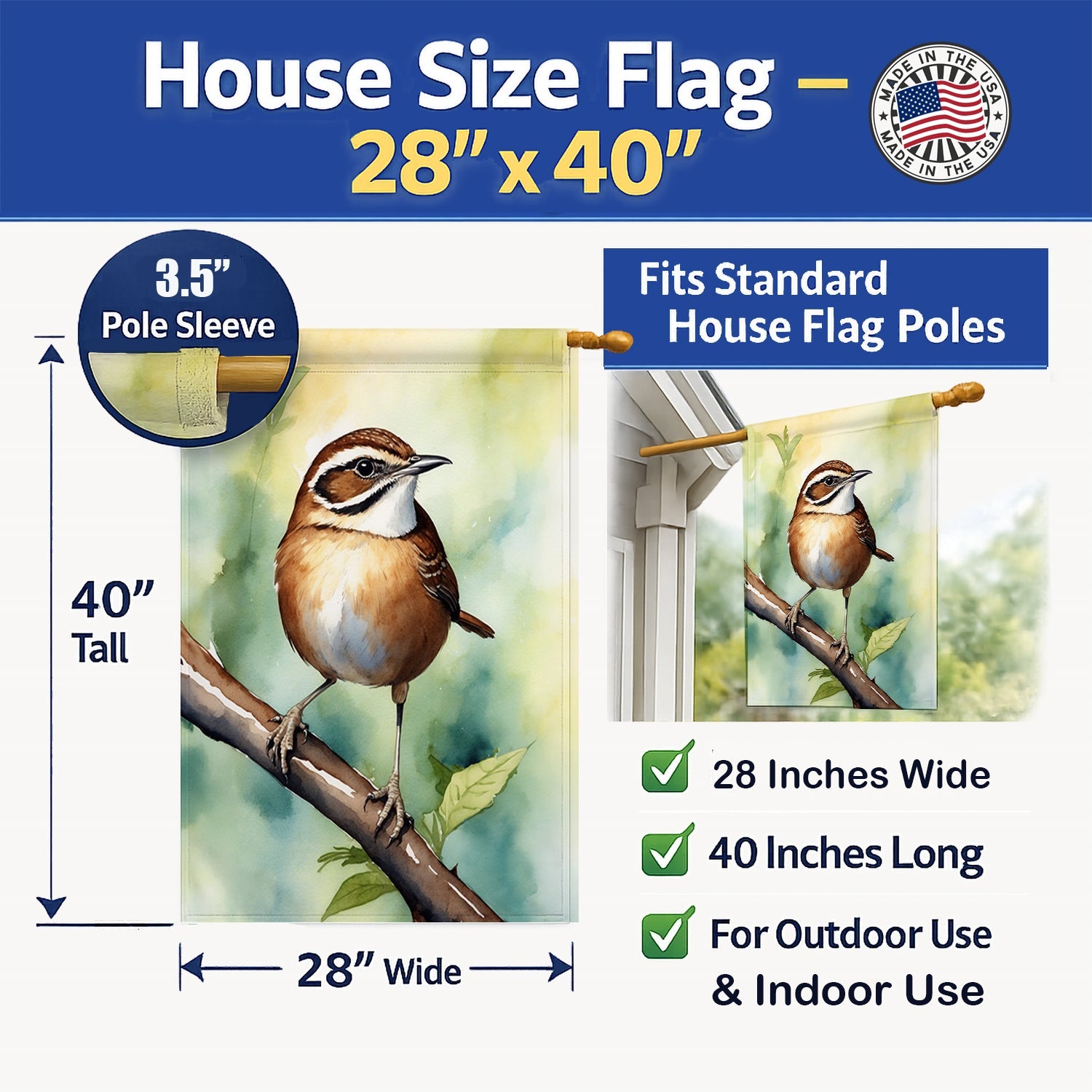 South Carolina Wren House Flag 28x40 Porch Sleeve Pole Decorative Outside Yard Banner Artwork Wall Hanging, Polyester