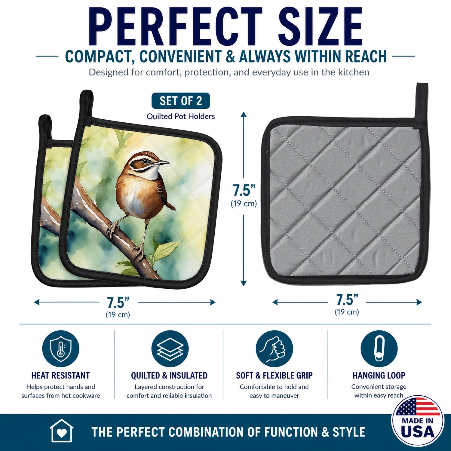 South Carolina Wren Pot Holder Set of 2 Heat Resistant Quilted Hot Pads 7.5 x 7.5 Inch, Insulated Kitchen Trivets for Cooking & Baking