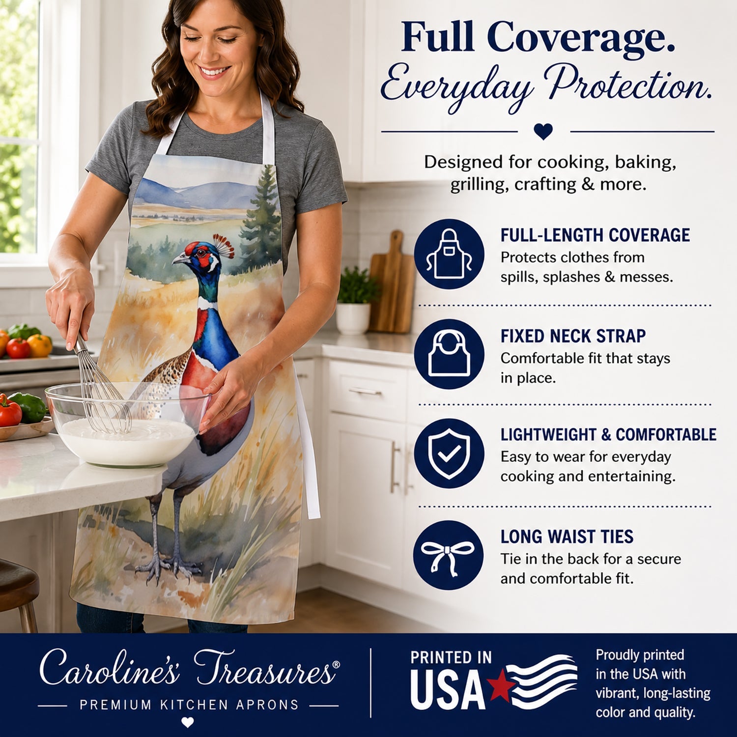 South Dakota Ringnecked Pheasant Apron Cooking Kitchen Server Baking Crafts Gardening for Adult Women Men, Unisex, Large, Multicolor