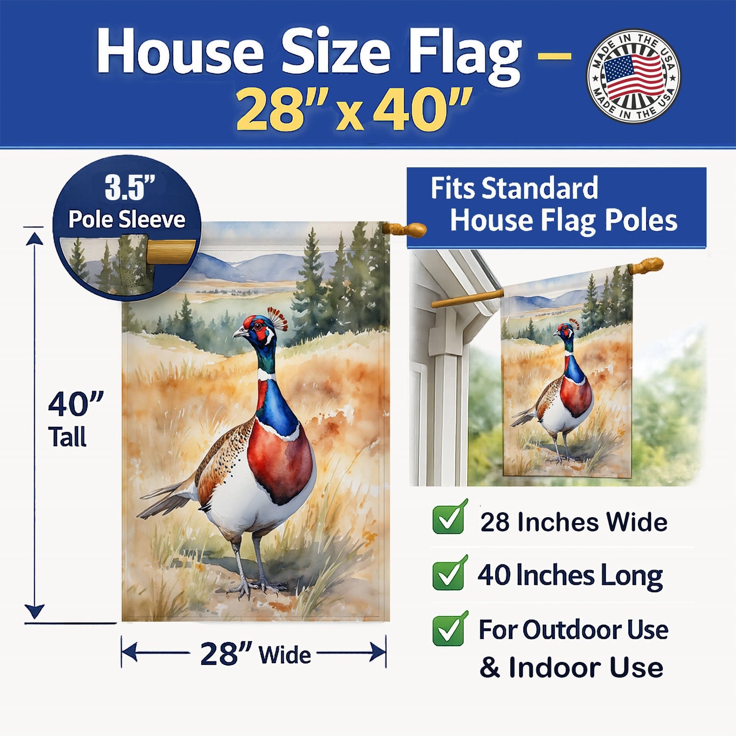 South Dakota Ringnecked Pheasant House Flag 28x40 Porch Sleeve Pole Decorative Outside Yard Banner Artwork Wall Hanging, Polyester