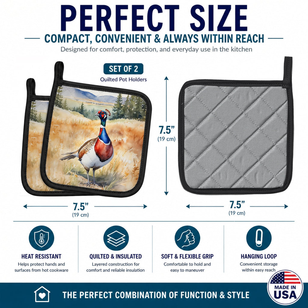 South Dakota Ringnecked Pheasant Pot Holder Set of 2 Heat Resistant Quilted Hot Pads 7.5 x 7.5 Inch, Insulated Kitchen Trivets for Cooking & Baking