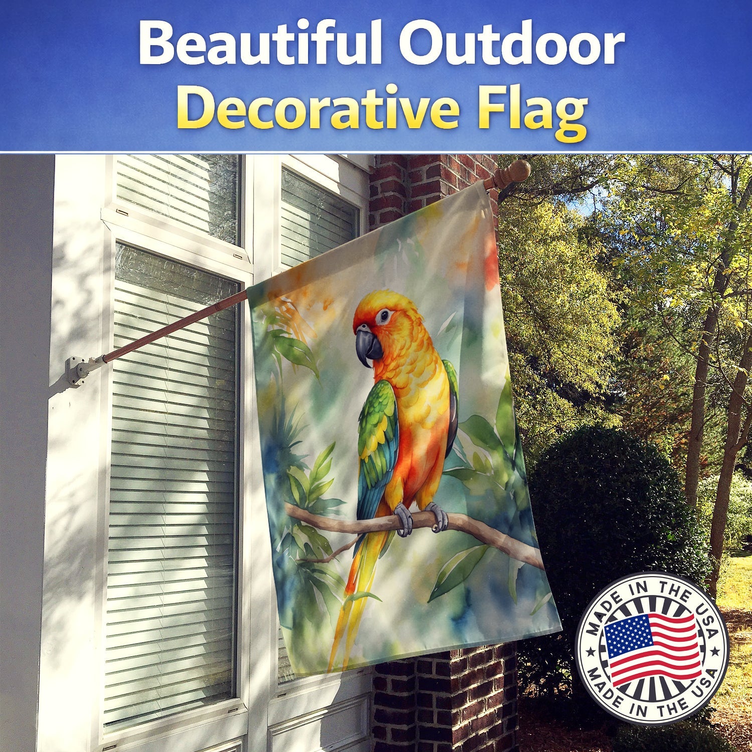 Sun Conure House Flag 28x40 Porch Sleeve Pole Decorative Outside Yard Banner Artwork Wall Hanging, Polyester