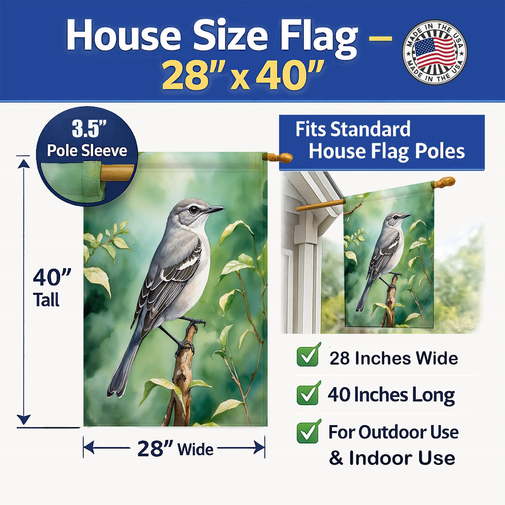 Tennessee Northern Mockingbird House Flag 28x40 Porch Sleeve Pole Decorative Outside Yard Banner Artwork Wall Hanging, Polyester