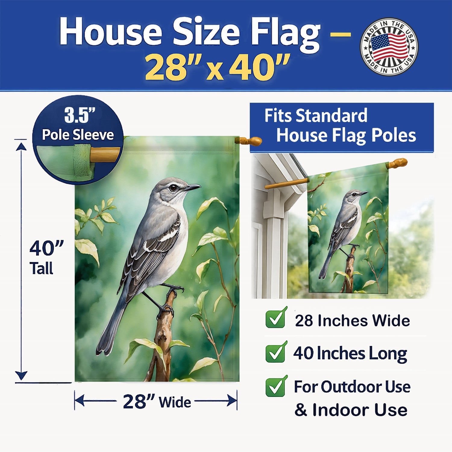 Tennessee Northern Mockingbird House Flag 28x40 Porch Sleeve Pole Decorative Outside Yard Banner Artwork Wall Hanging, Polyester