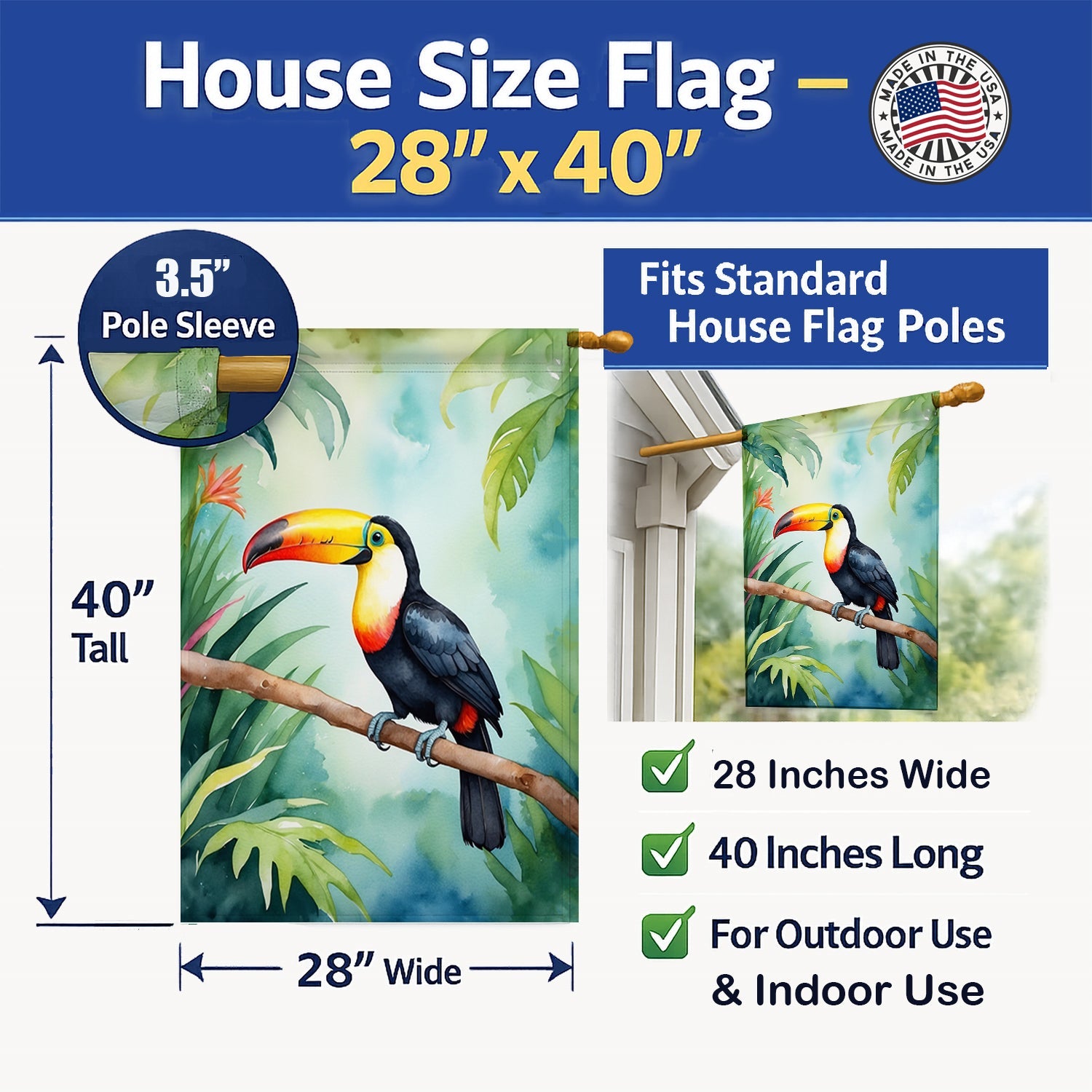 Toucan House Flag 28x40 Porch Sleeve Pole Decorative Outside Yard Banner Artwork Wall Hanging, Polyester
