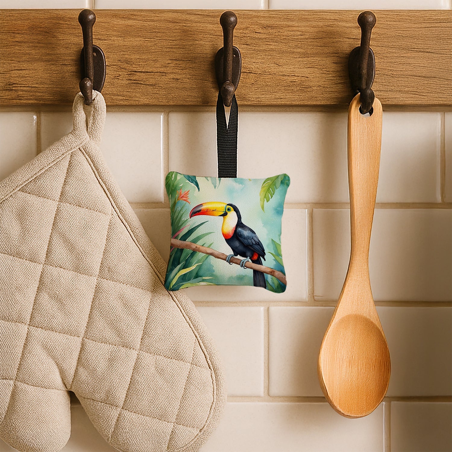 Toucan Hanging Square Fabric Ornament 3.5 × 3.5 Decorative Door-Knob & Tree Hanger, Soft Fabric