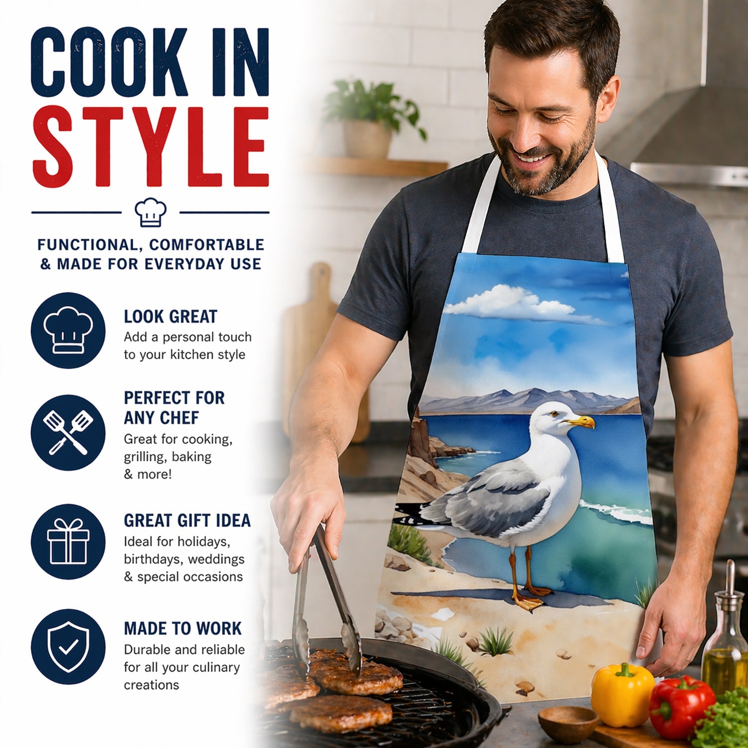 Utah California Gull Apron Cooking Kitchen Server Baking Crafts Gardening for Adult Women Men, Unisex, Large, Multicolor